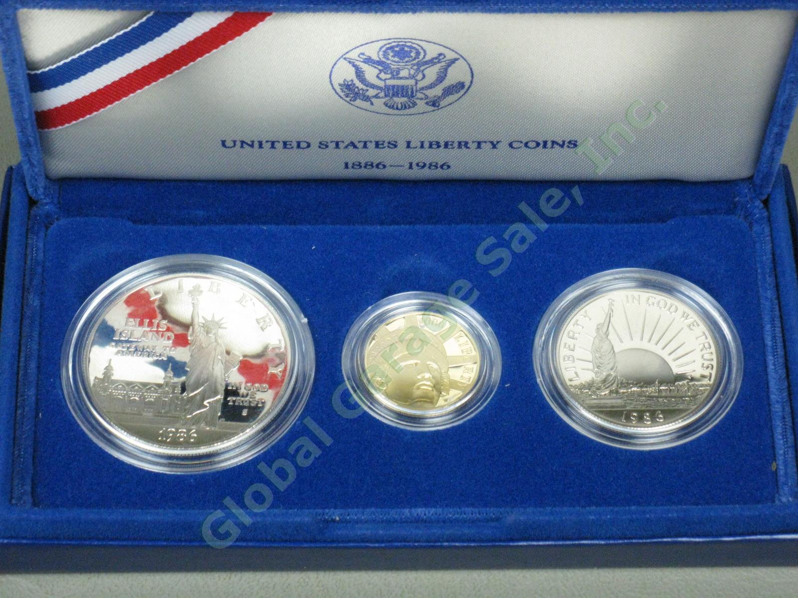 1986 US Mint Liberty 3-Coin UC Proof Set $5 Gold Silver Dollar Ellis Island NR! 1