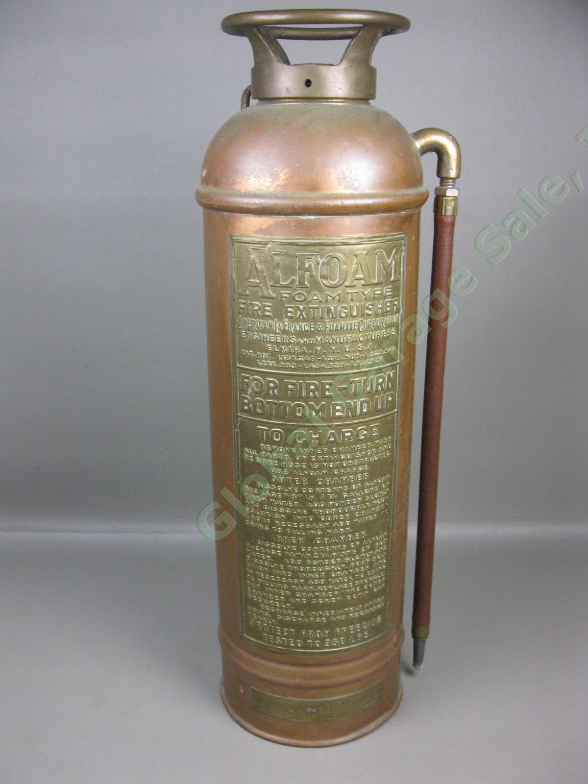 Vtg Antique Alfoam 2-1/2 Gallon Copper + Brass Foam Type Hand Fire Extinguisher