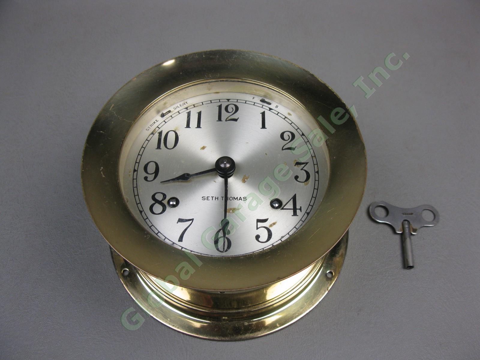 Seth Thomas Corsair E537-000 5-3/8" Brass Maritime Ship Bell Clock W/Cover +Key