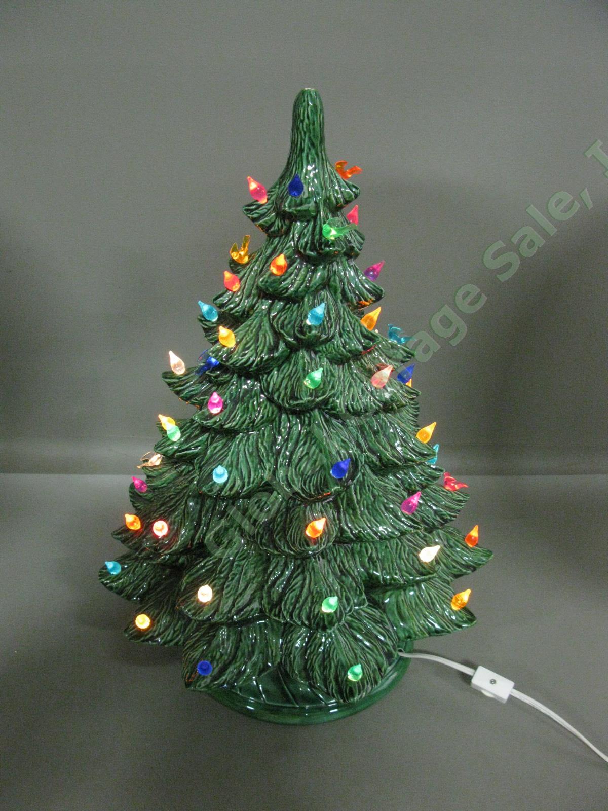 Large Vtg 20" Tall x 13" Green Ceramic Mold Lighted Xmas Tree W/ Base Bulbs Lot