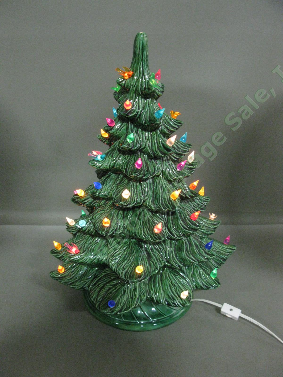 Large Vtg 20" Tall x 13" Green Ceramic Mold Lighted Xmas Tree W/ Base Bulbs Lot 2
