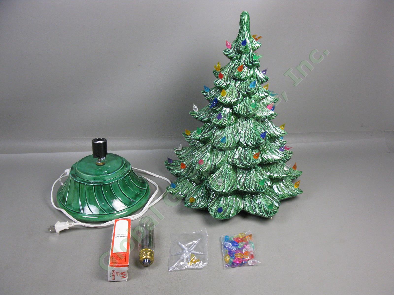 Large Vtg 20" Tall x 13" Green Ceramic Mold Lighted Xmas Tree W/ Base Bulbs Lot 3