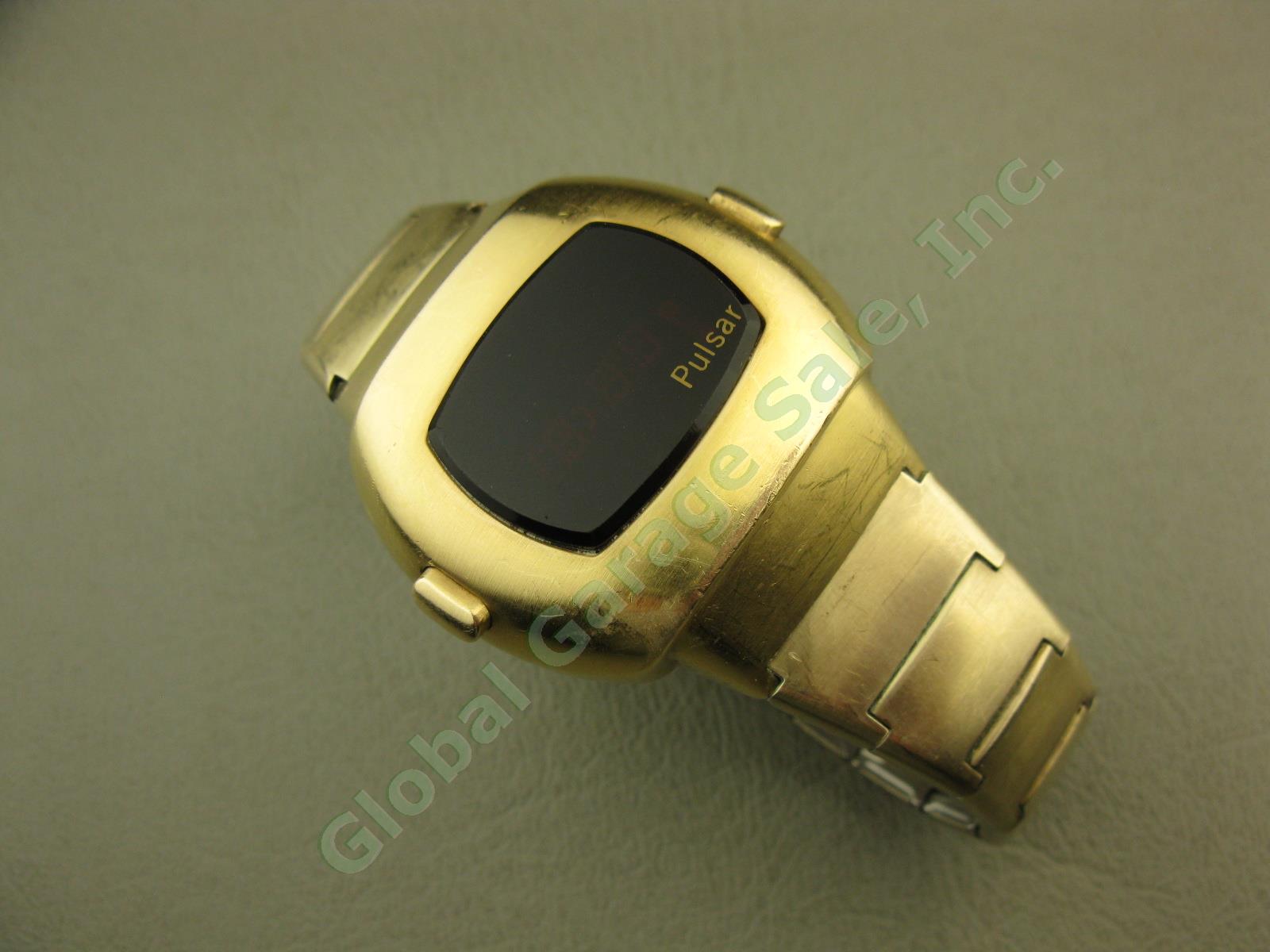 Vtg Pulsar P3 Time Computer 14k Gold Filled Red LCD Digital Watch + Magnet As-Is
