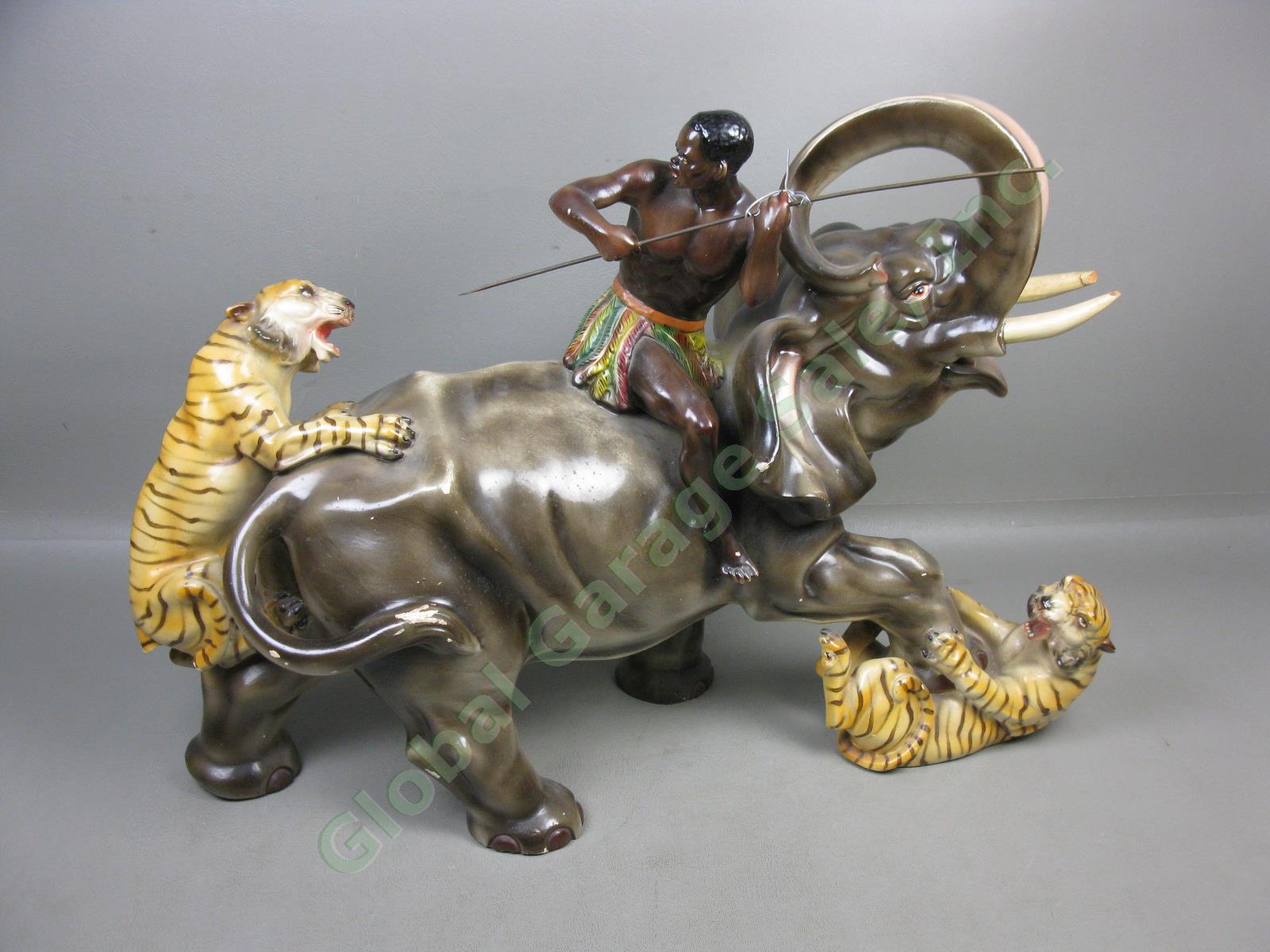 Vtg Elephant Tiger African Warrior Fighting Battle Art Statue Sculpture Portugal