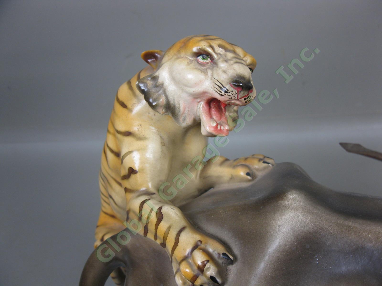 Vtg Elephant Tiger African Warrior Fighting Battle Art Statue Sculpture Portugal 3