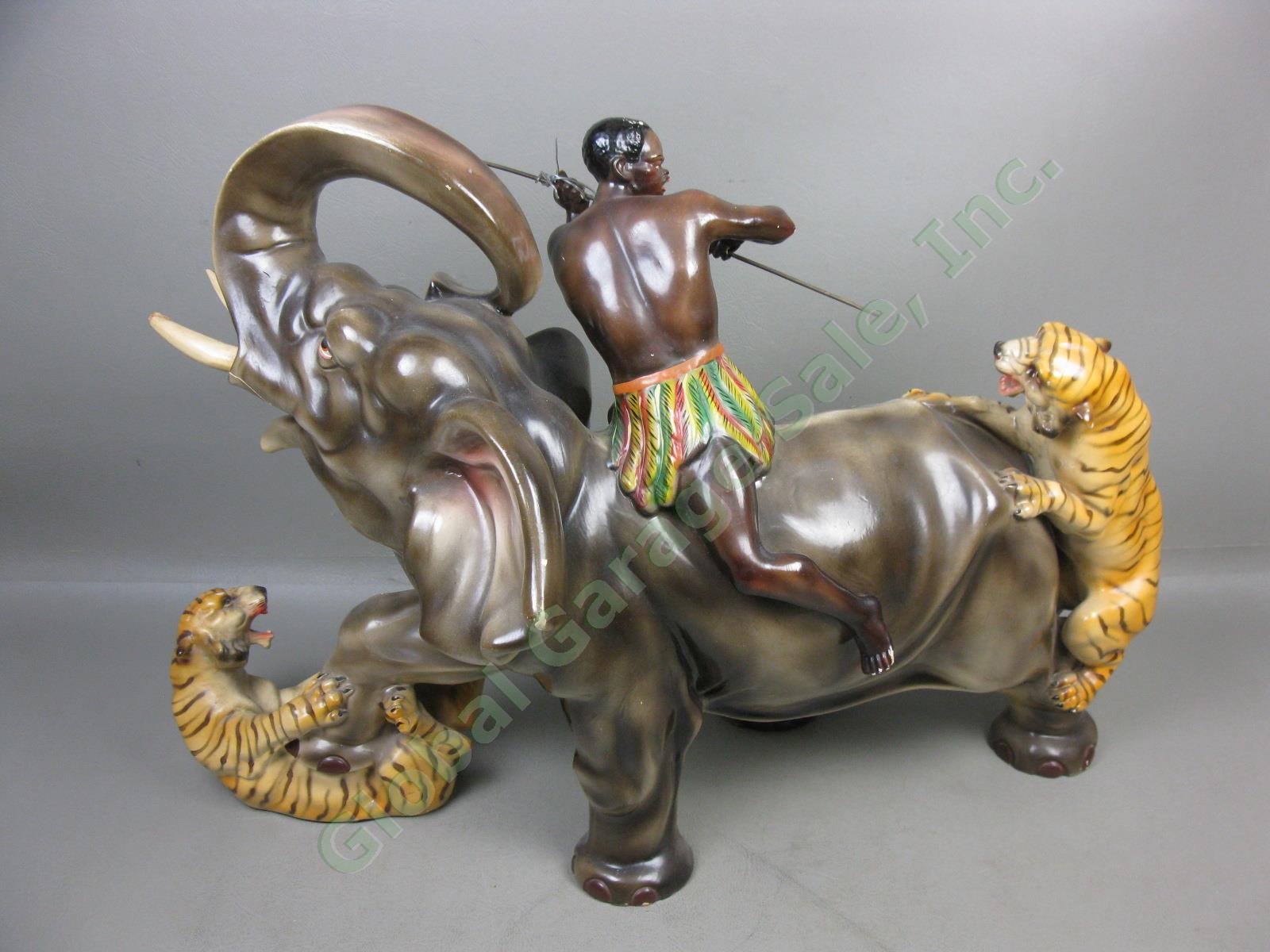 Vtg Elephant Tiger African Warrior Fighting Battle Art Statue Sculpture Portugal 5