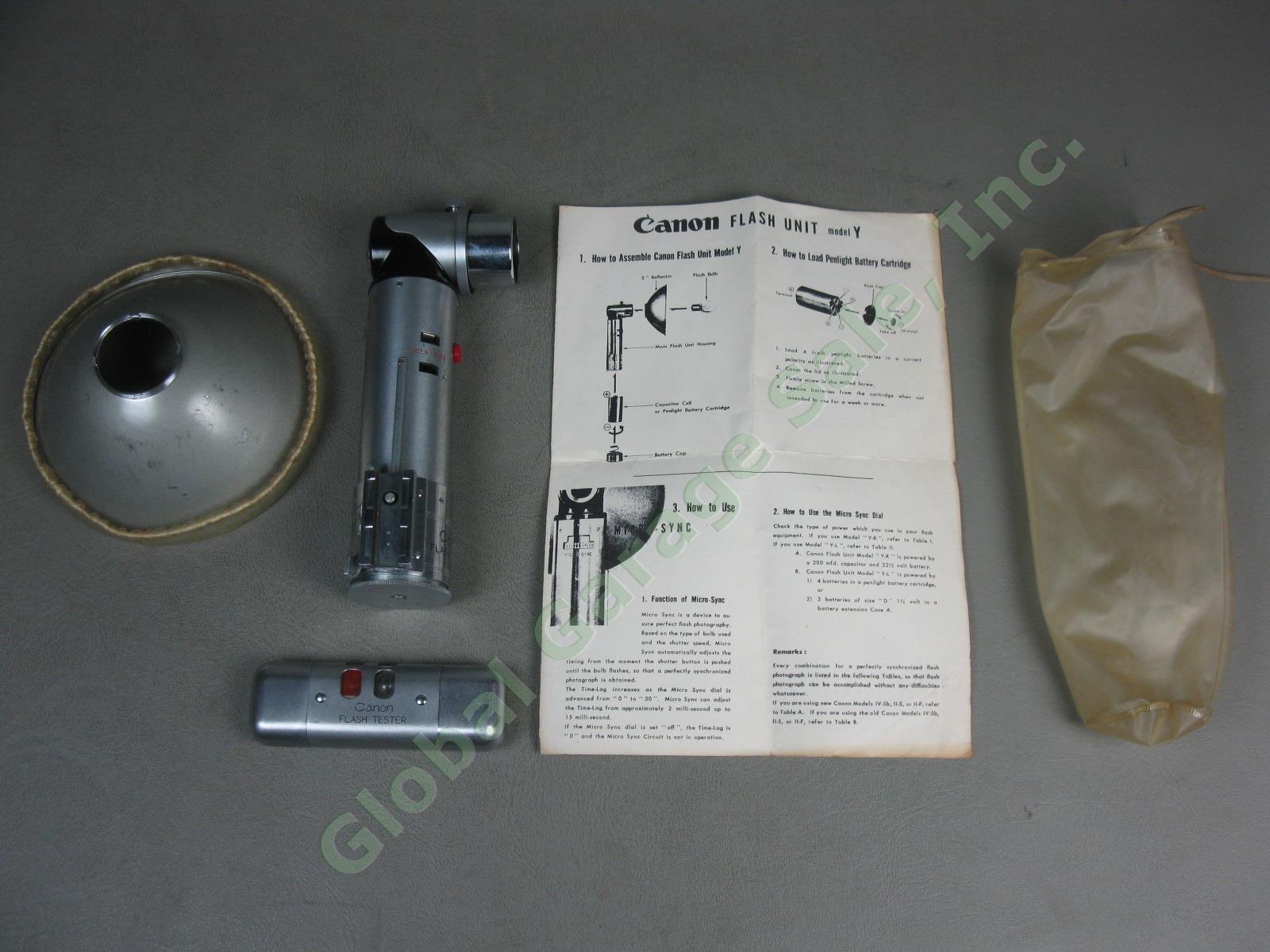 Vintage Canon Camera Flash Unit Y With Cover + Instructions + Bulb Tester NO RES