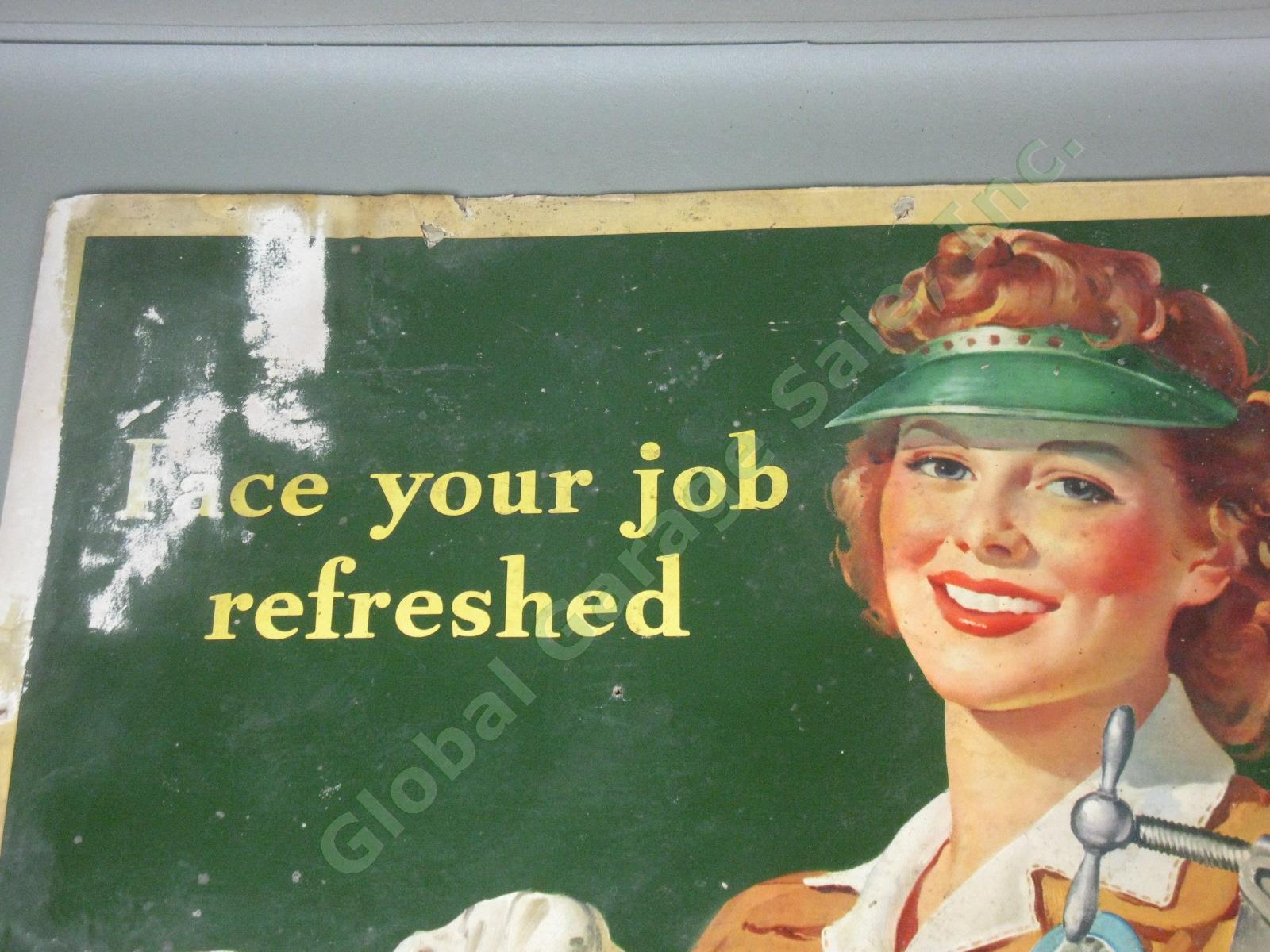 Rare Vtg WW2-Era 1943 Coca-Cola Cardboard Sign Face Your Job Refreshed 20"x 36" 1