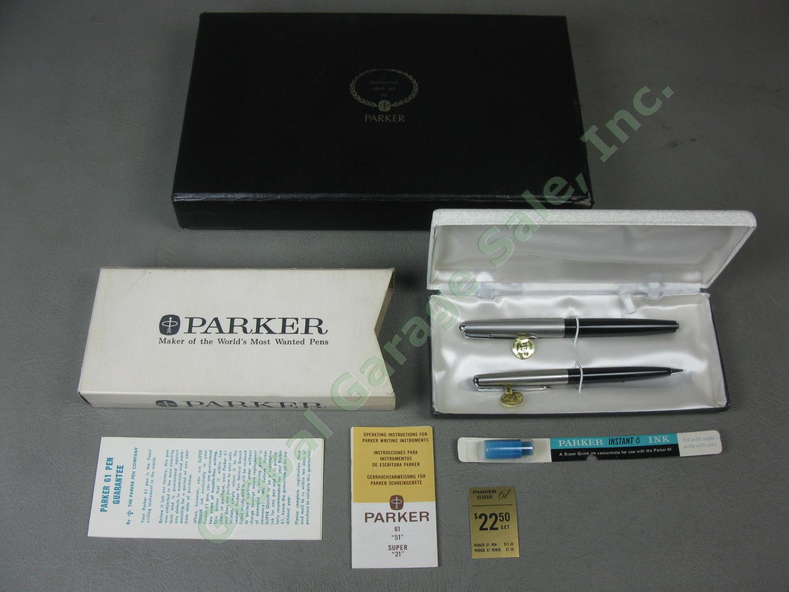 Vintage Parker 61 Classic Black Fountain Pen Mechanical Pencil Set Box Tags NR