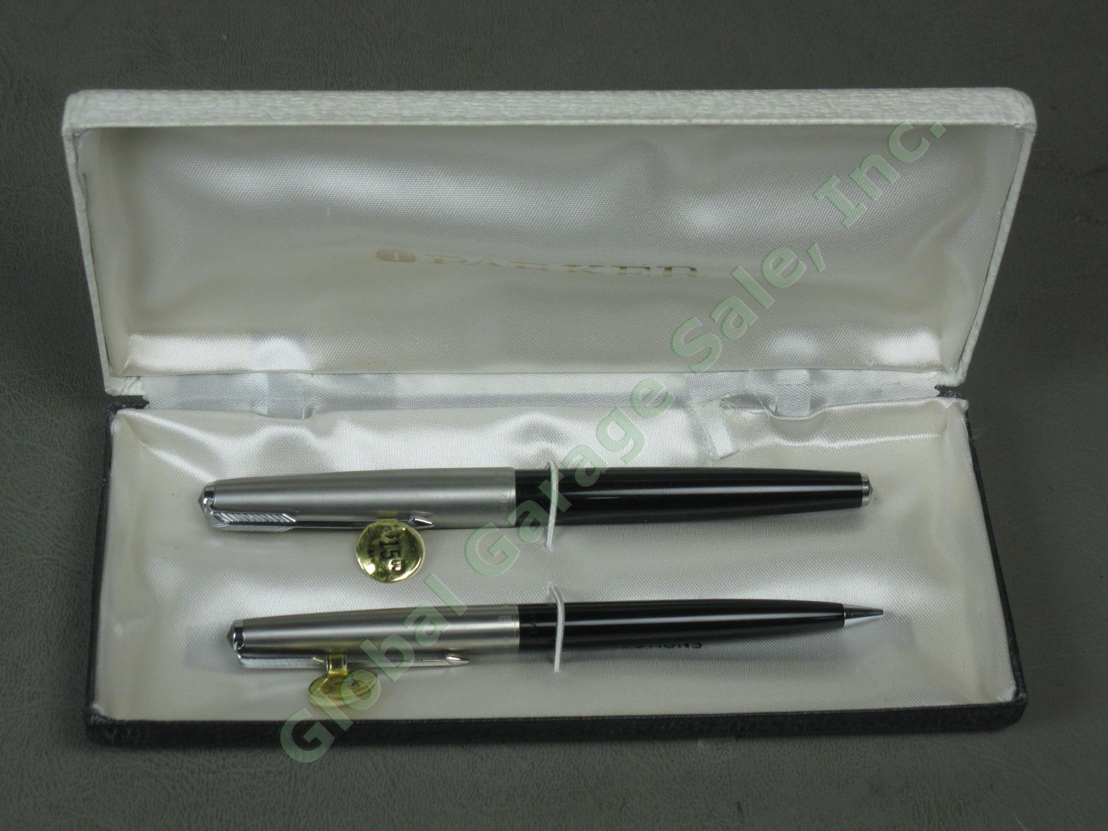 Vintage Parker 61 Classic Black Fountain Pen Mechanical Pencil Set Box Tags NR 1
