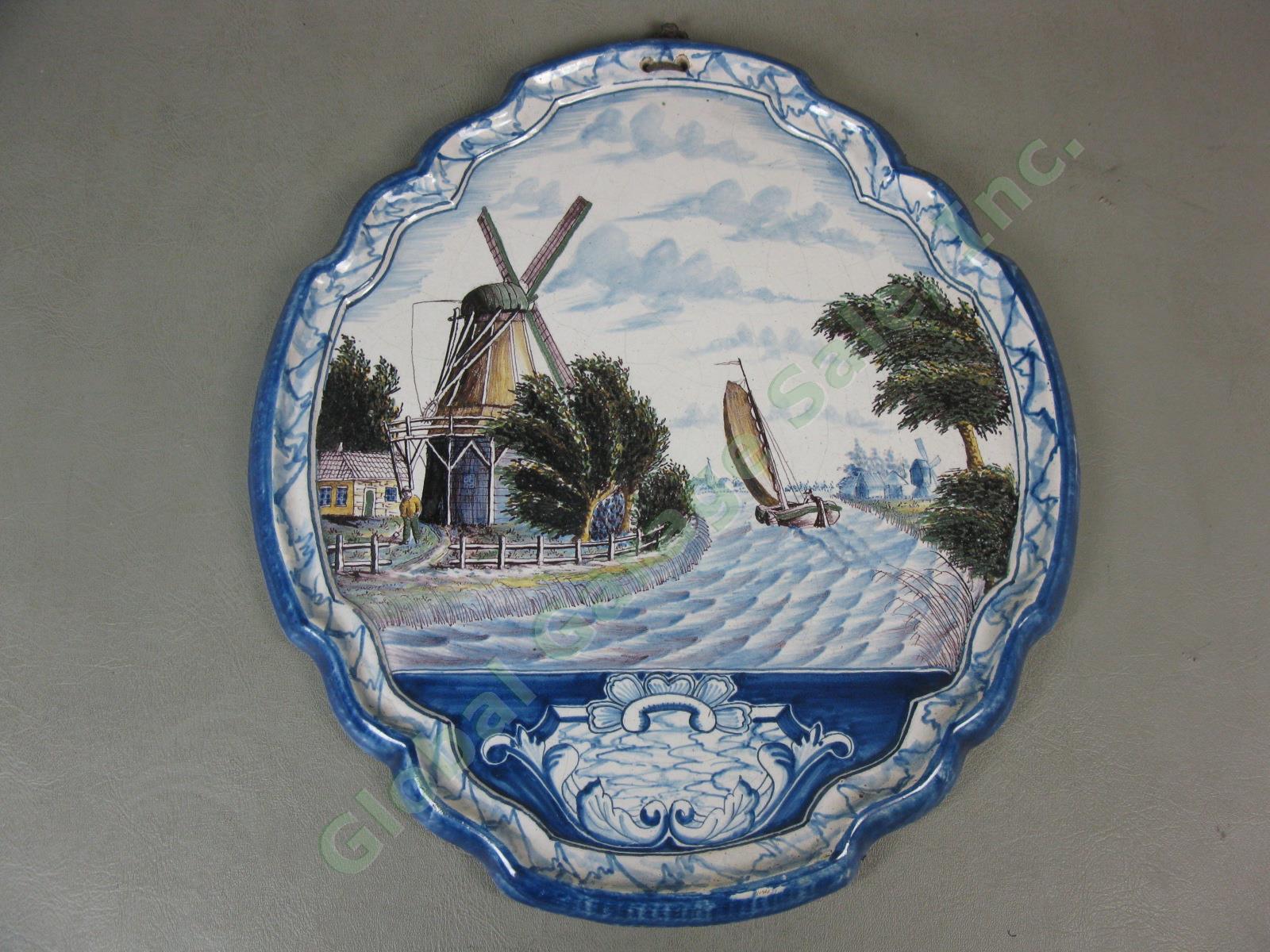 Antique Royal Tichelaar Makkum Majolica Dutch Plaque Plate Windmill Delft Blue