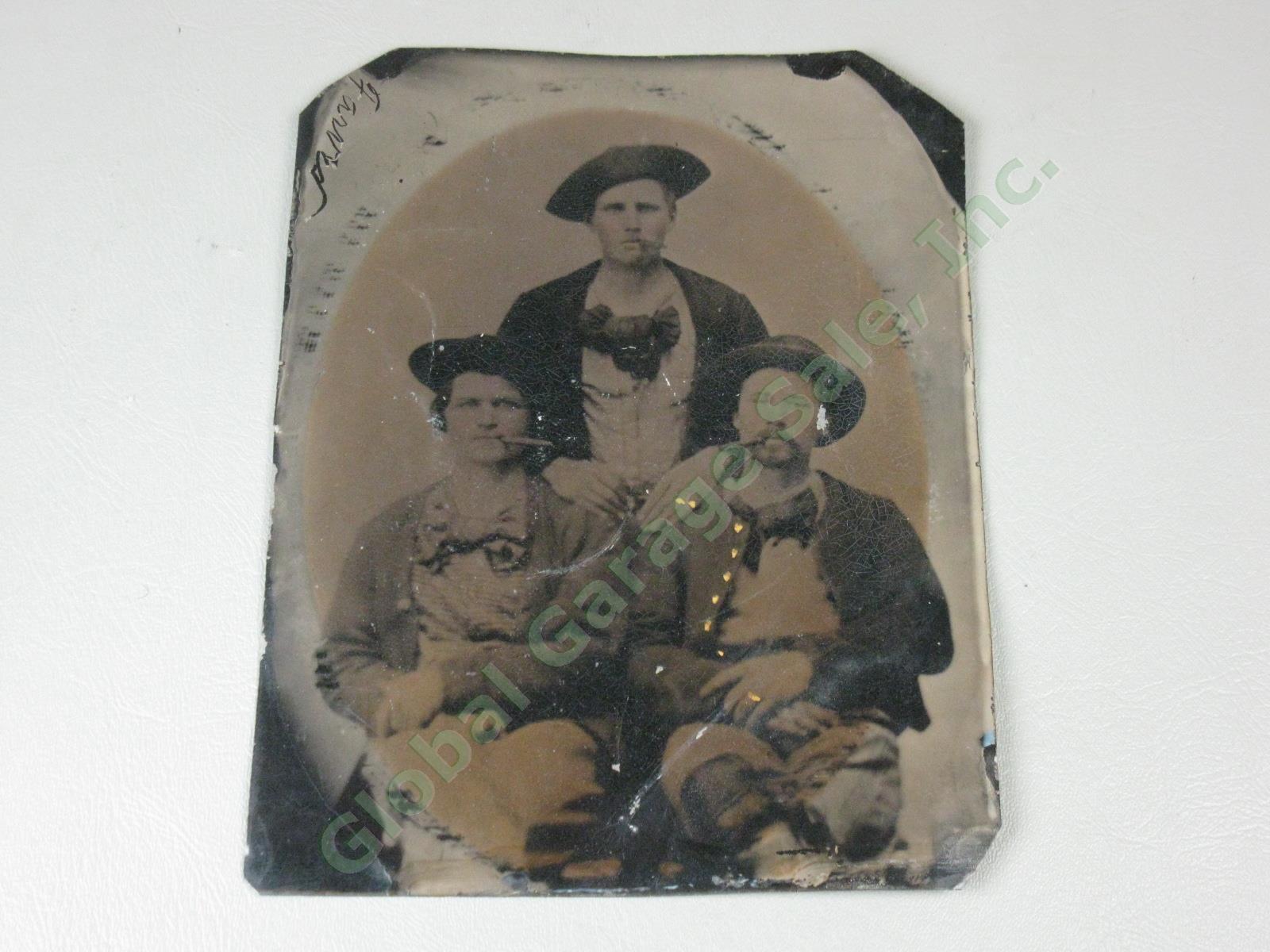 Antique Whole Plate Tintype Photo 6.5"x8.5" Man Woman Cigars Portrait Farved NR!