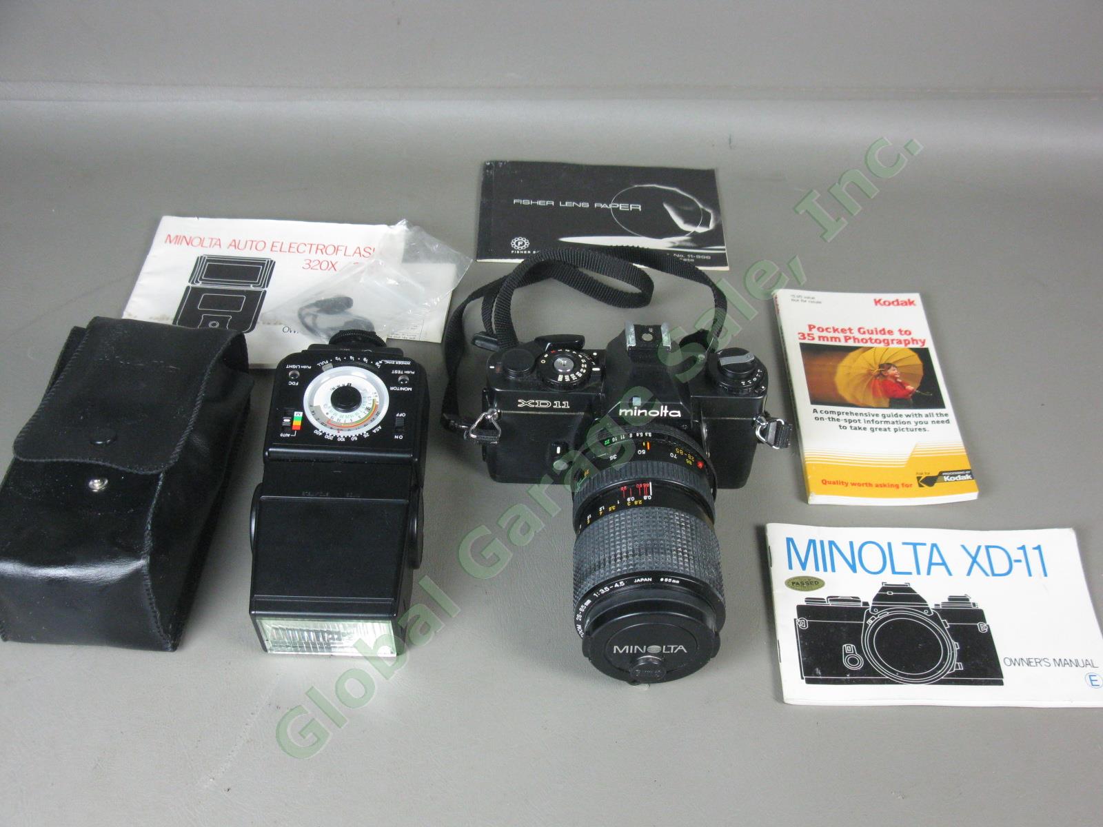 Minolta XD-11 SLR Camera MD 28-85mm 1:3.5-4.5 Zoom Lens Auto 320X Flash +Manuals