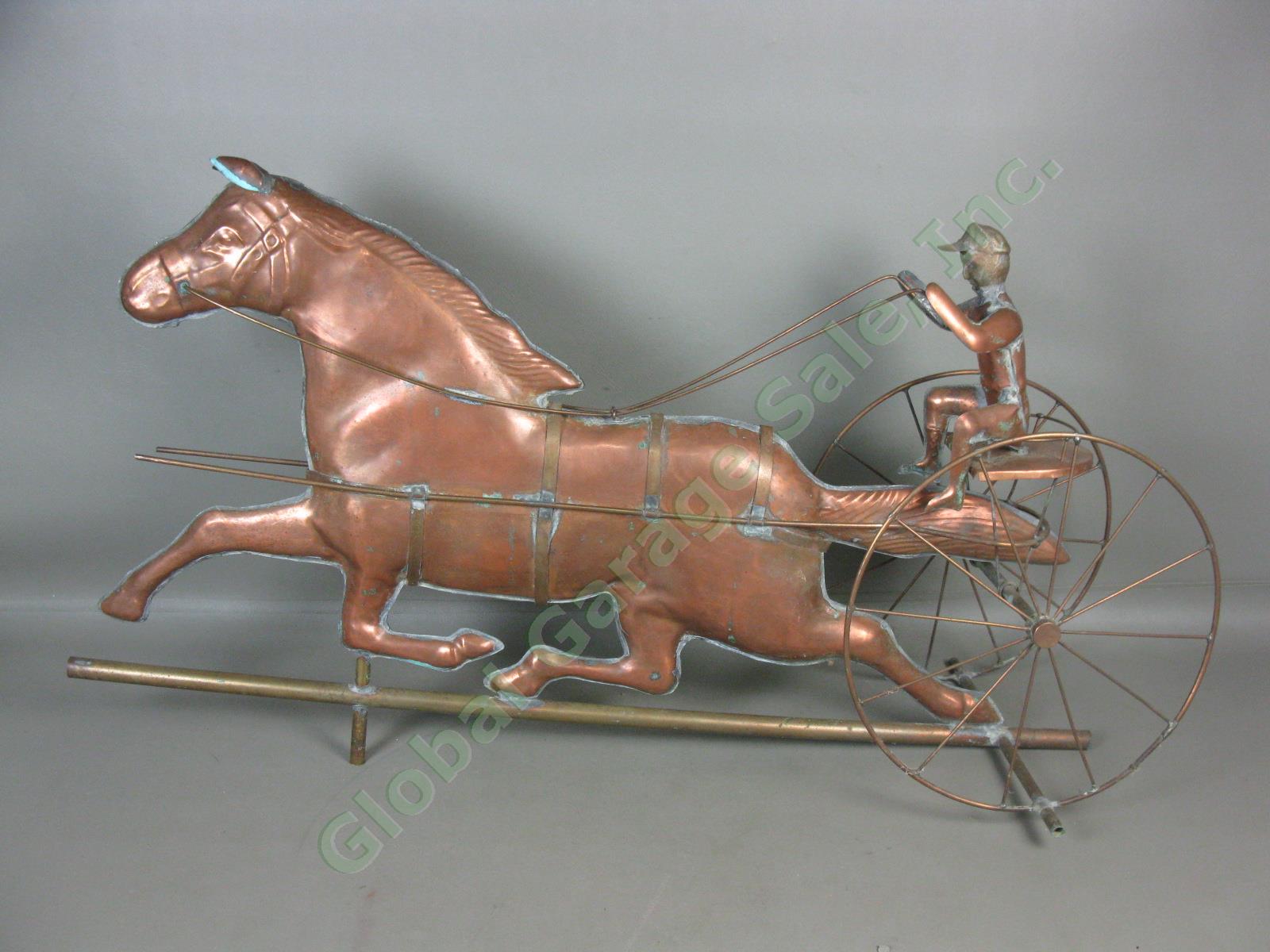 Vtg Antique Copper Horse Harness Racing Jockey Sulky Weathervane 32" Long NR!