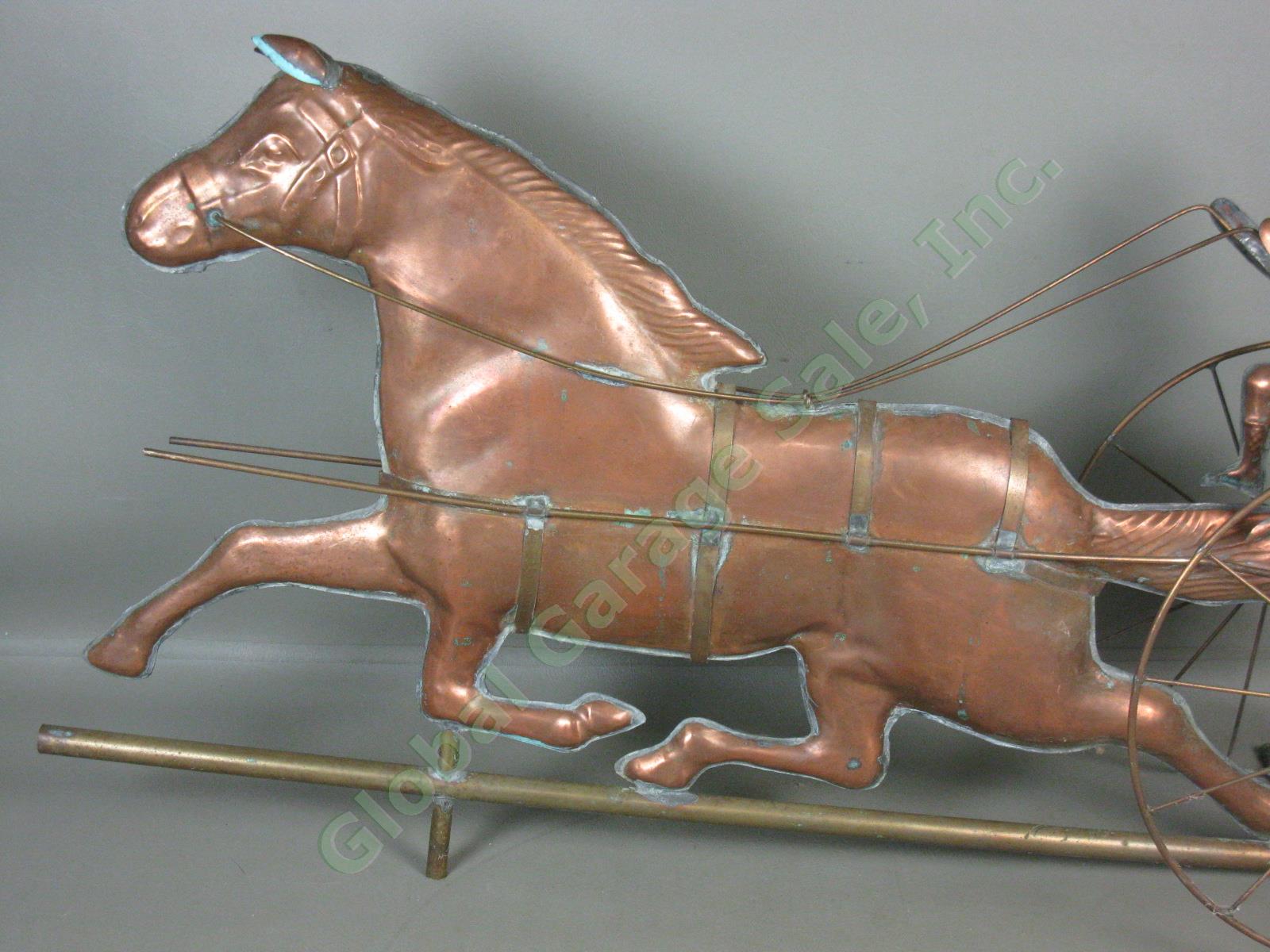 Vtg Antique Copper Horse Harness Racing Jockey Sulky Weathervane 32" Long NR! 1
