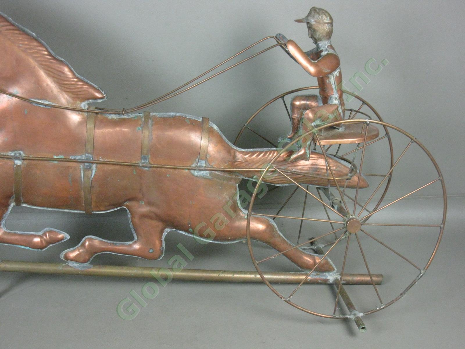 Vtg Antique Copper Horse Harness Racing Jockey Sulky Weathervane 32" Long NR! 2