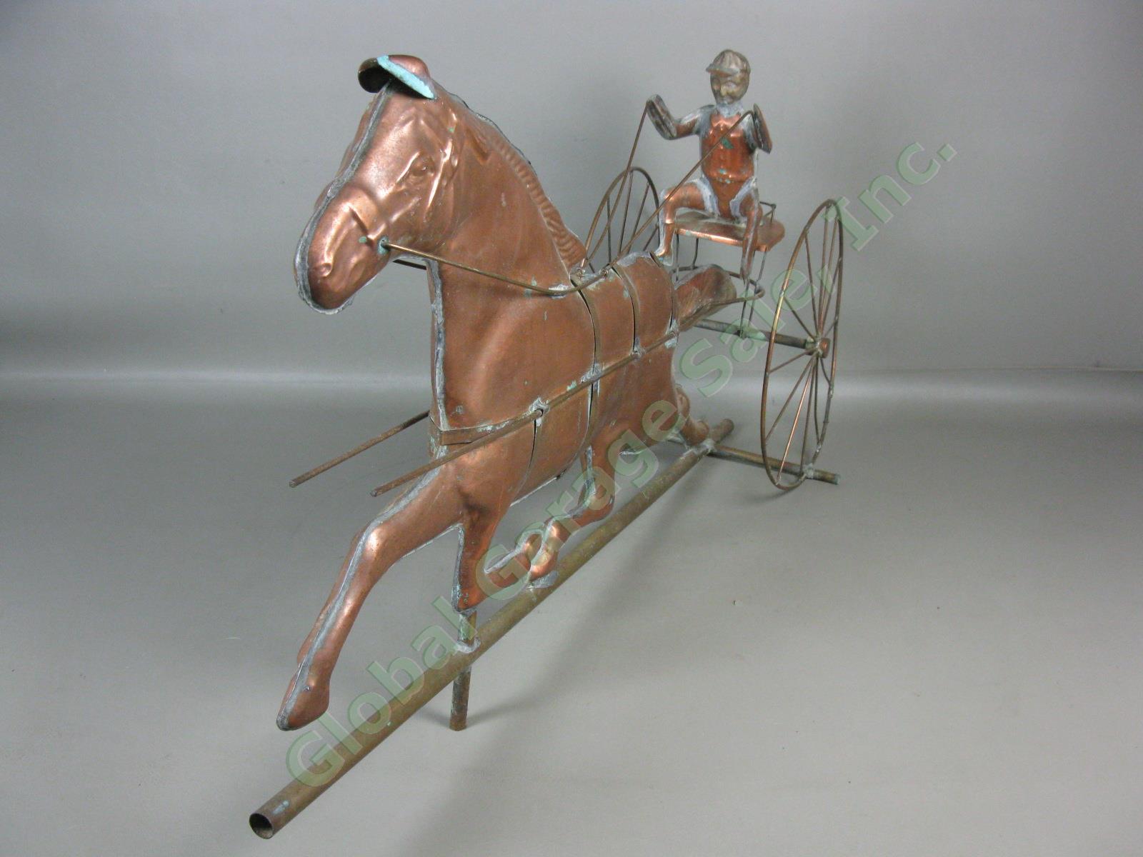 Vtg Antique Copper Horse Harness Racing Jockey Sulky Weathervane 32" Long NR! 3