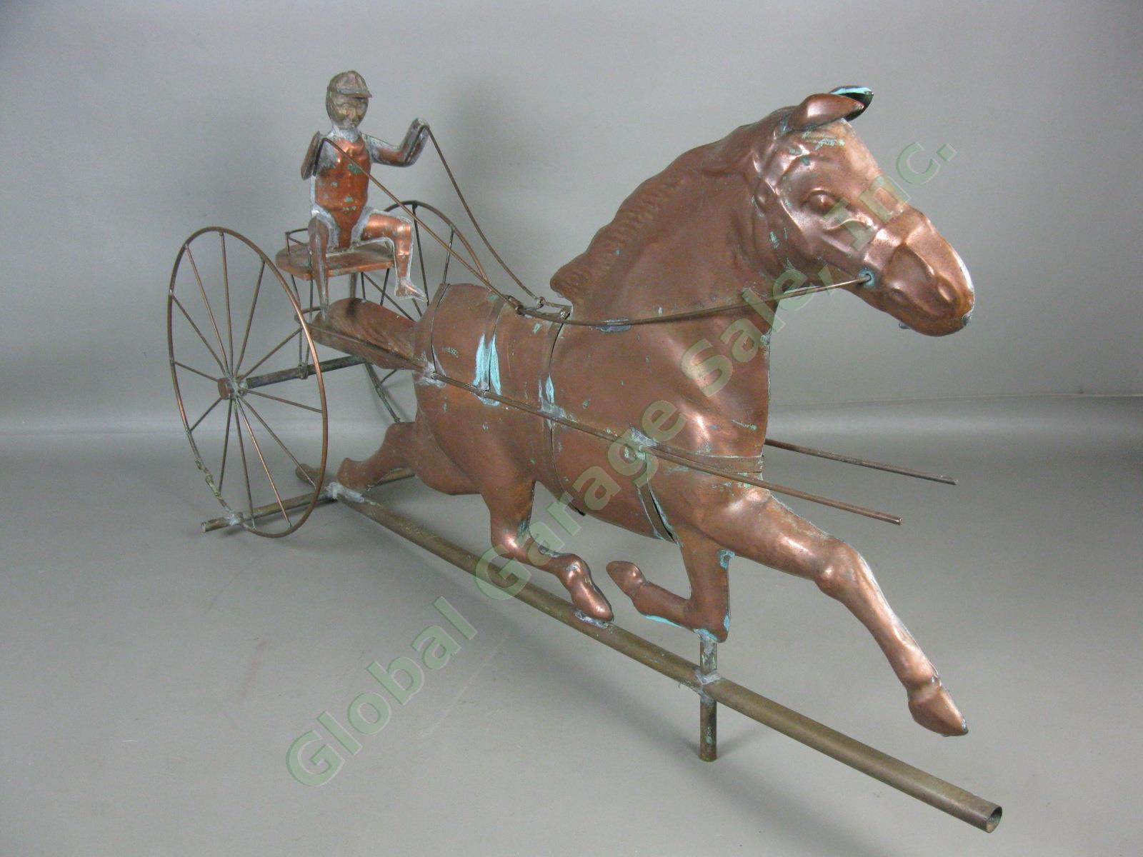 Vtg Antique Copper Horse Harness Racing Jockey Sulky Weathervane 32" Long NR! 4