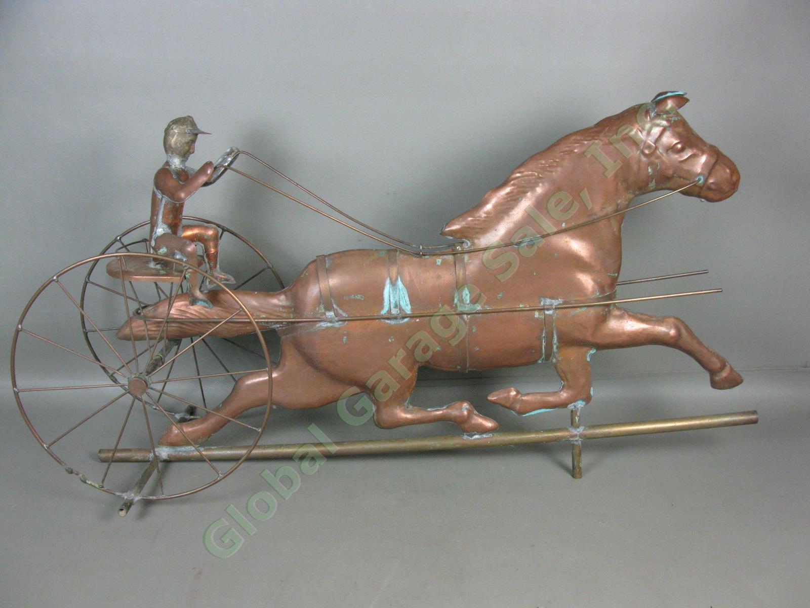 Vtg Antique Copper Horse Harness Racing Jockey Sulky Weathervane 32" Long NR! 5