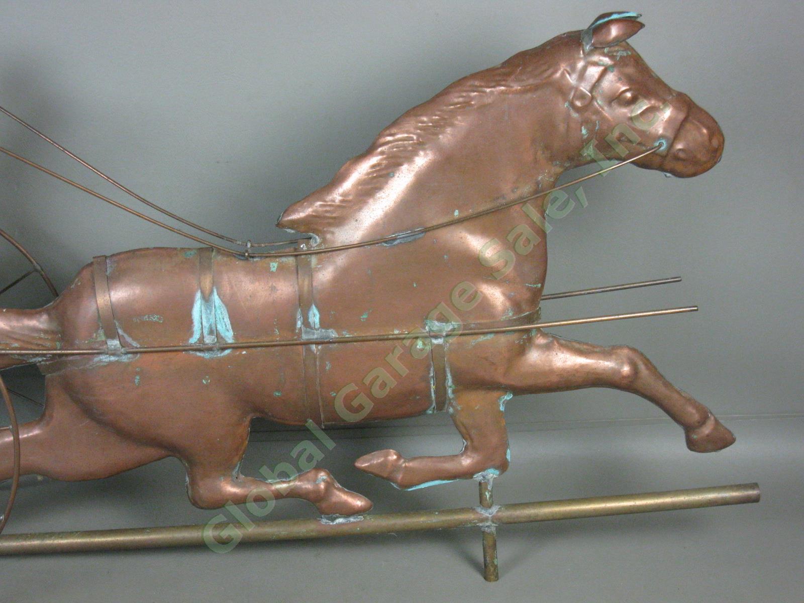 Vtg Antique Copper Horse Harness Racing Jockey Sulky Weathervane 32" Long NR! 6