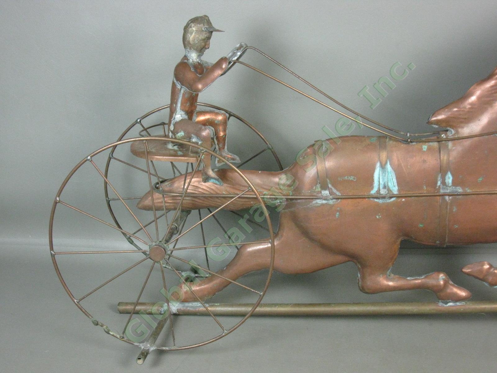 Vtg Antique Copper Horse Harness Racing Jockey Sulky Weathervane 32" Long NR! 7