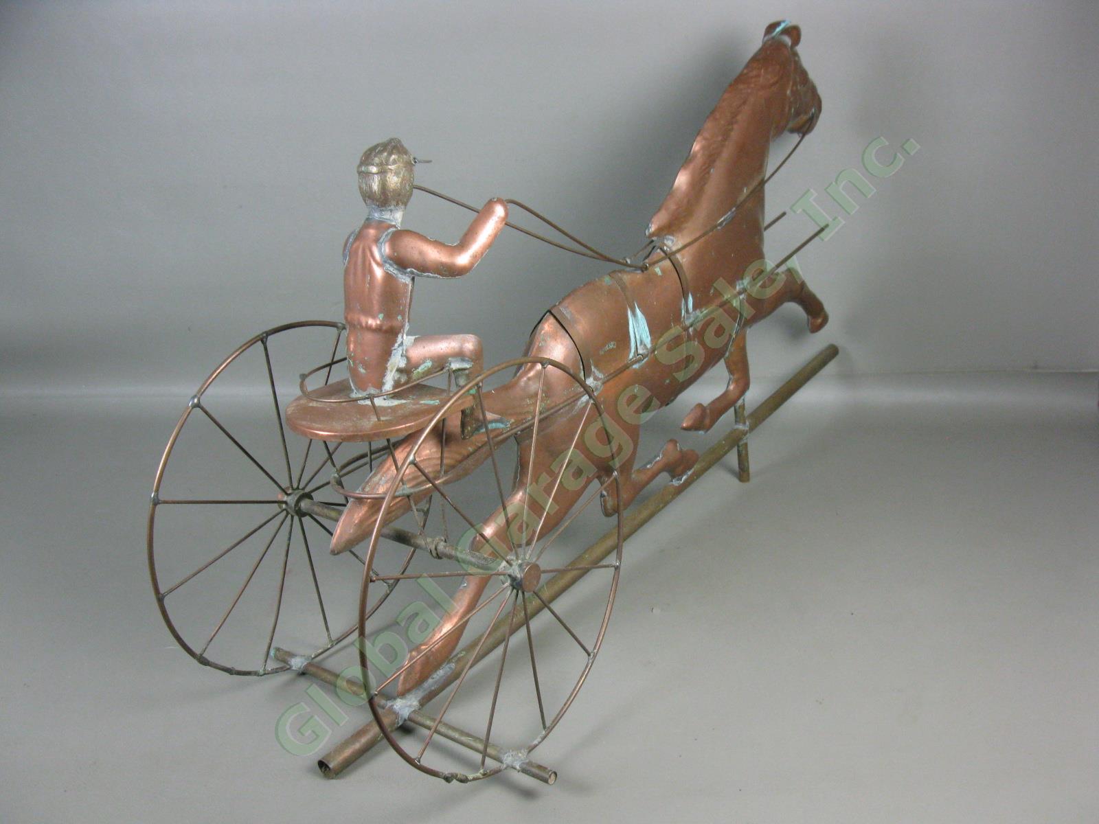 Vtg Antique Copper Horse Harness Racing Jockey Sulky Weathervane 32" Long NR! 8