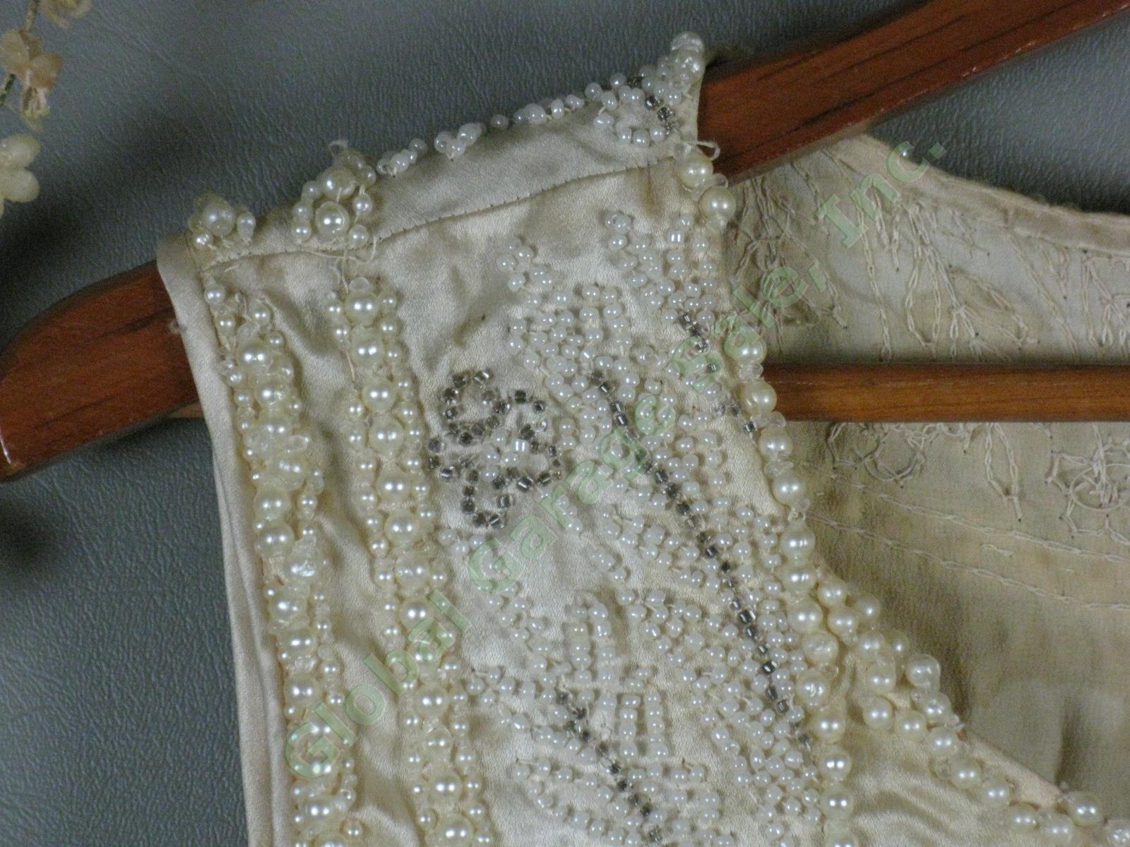 Vtg Antique 1926 Beaded Wedding Dress Gown Wax Flower Tiara Lace Veil Headpiece 2