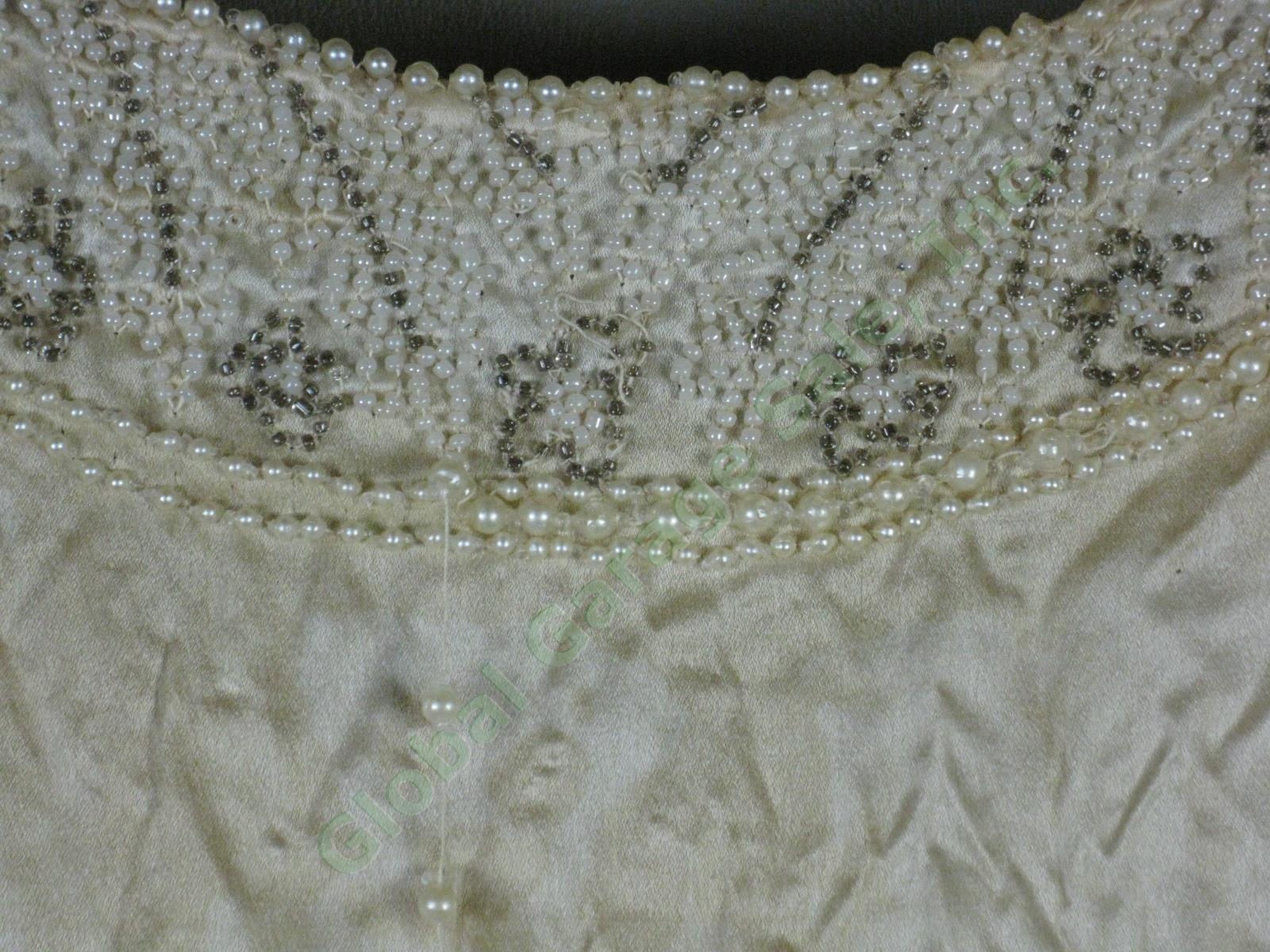 Vtg Antique 1926 Beaded Wedding Dress Gown Wax Flower Tiara Lace Veil Headpiece 12