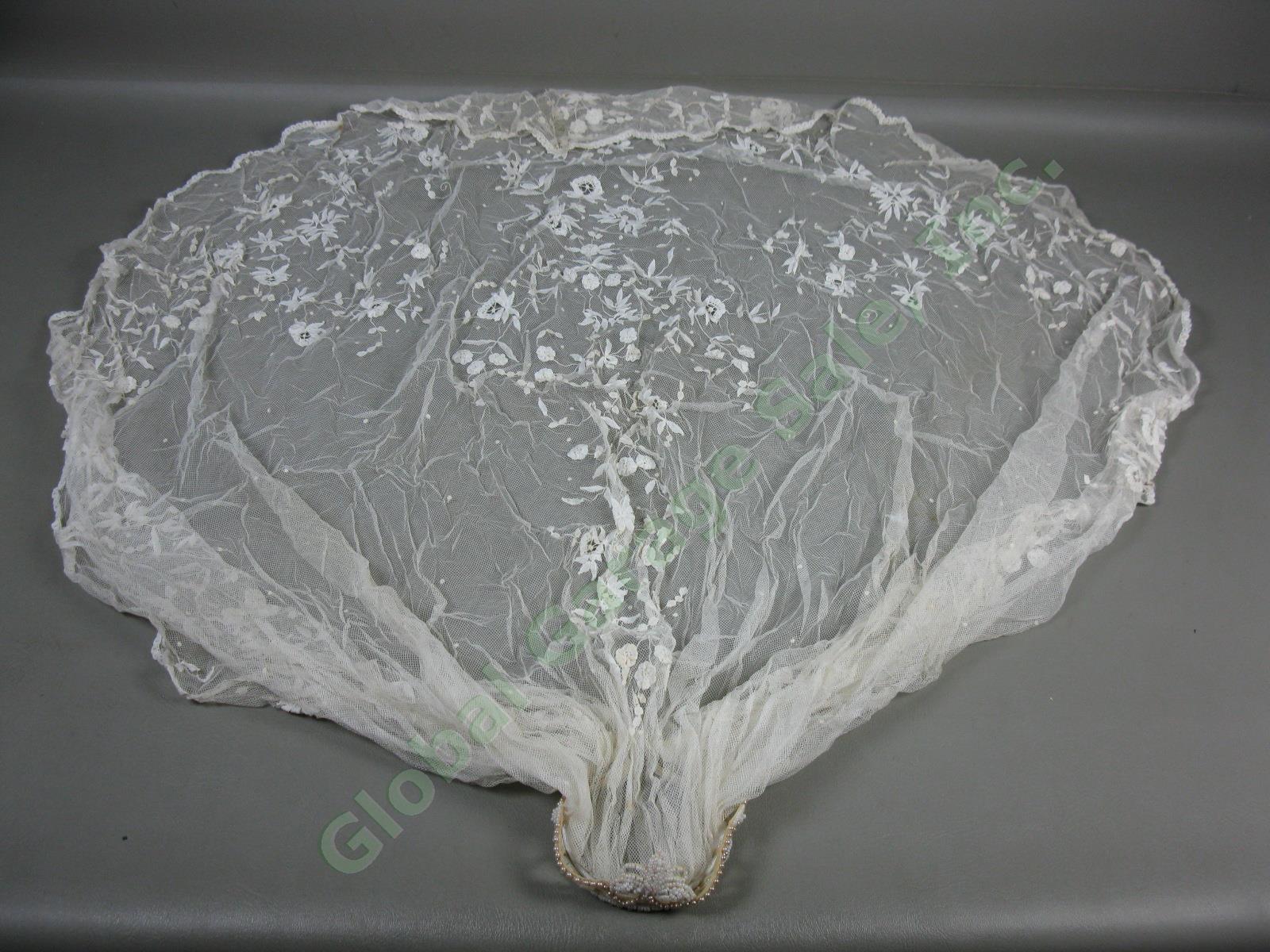 Vtg Antique 1926 Beaded Wedding Dress Gown Wax Flower Tiara Lace Veil Headpiece 16