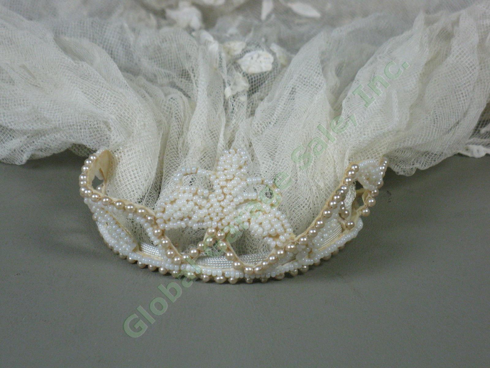 Vtg Antique 1926 Beaded Wedding Dress Gown Wax Flower Tiara Lace Veil Headpiece 17