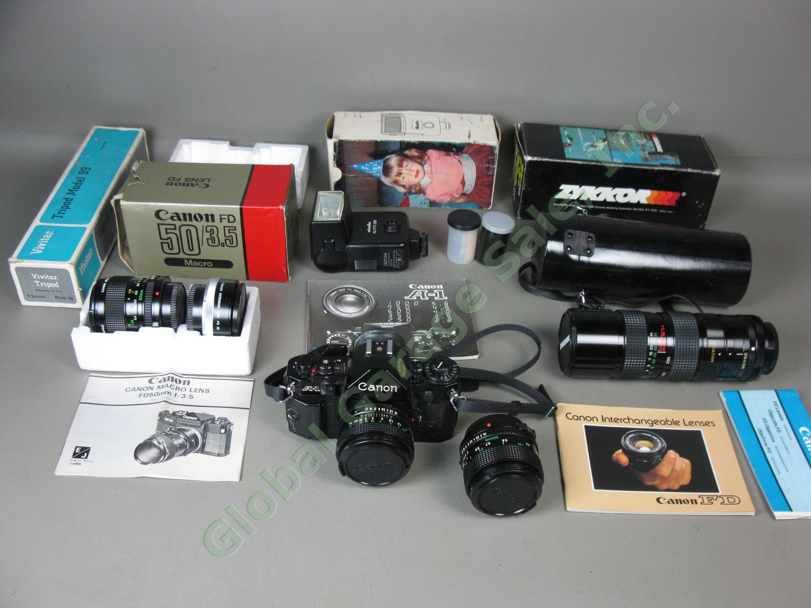 Canon A-1 SLR Camera 50mm f/1.4 f/1.8 FD Macro f/3.5 Lens Minolta Flash Bundle