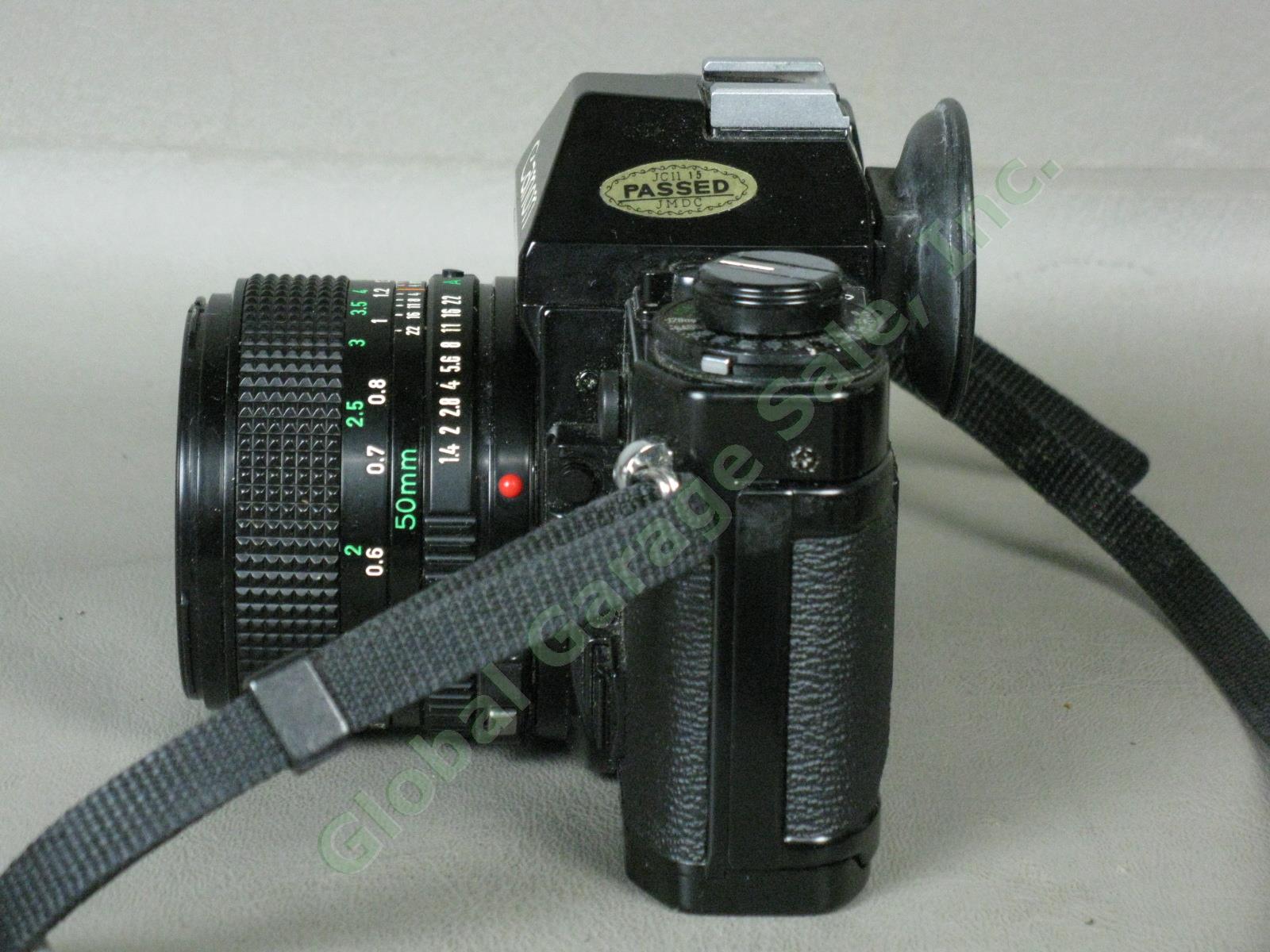 Canon A-1 SLR Camera 50mm f/1.4 f/1.8 FD Macro f/3.5 Lens Minolta Flash Bundle 4