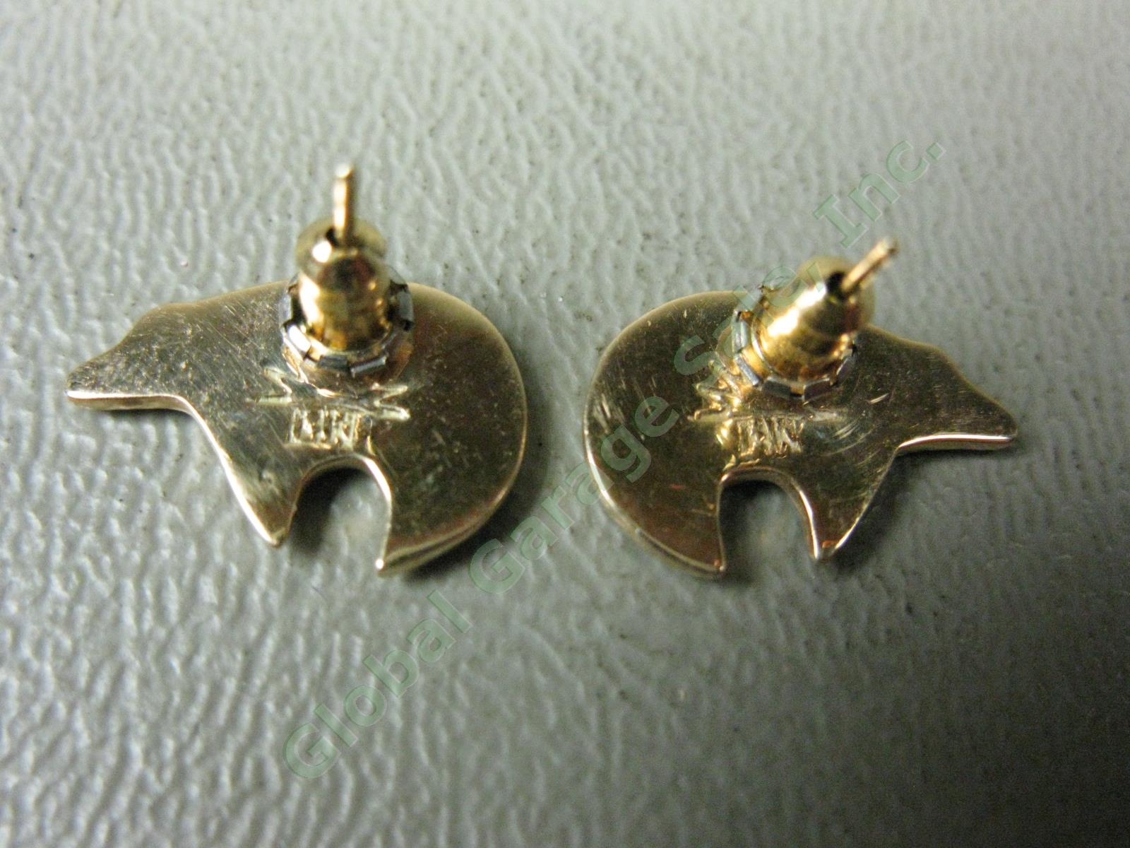 Vtg Zuni 14K Gold Signed Inlaid Opal Turquoise Figural Fetish Bear Post Earrings 1