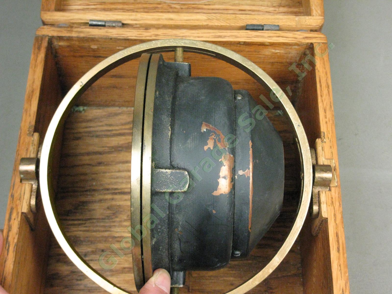 Vtg Antique Atlas Gimbal Mounted Brass Marine Nautical Ships Compass Oak Case NR 7