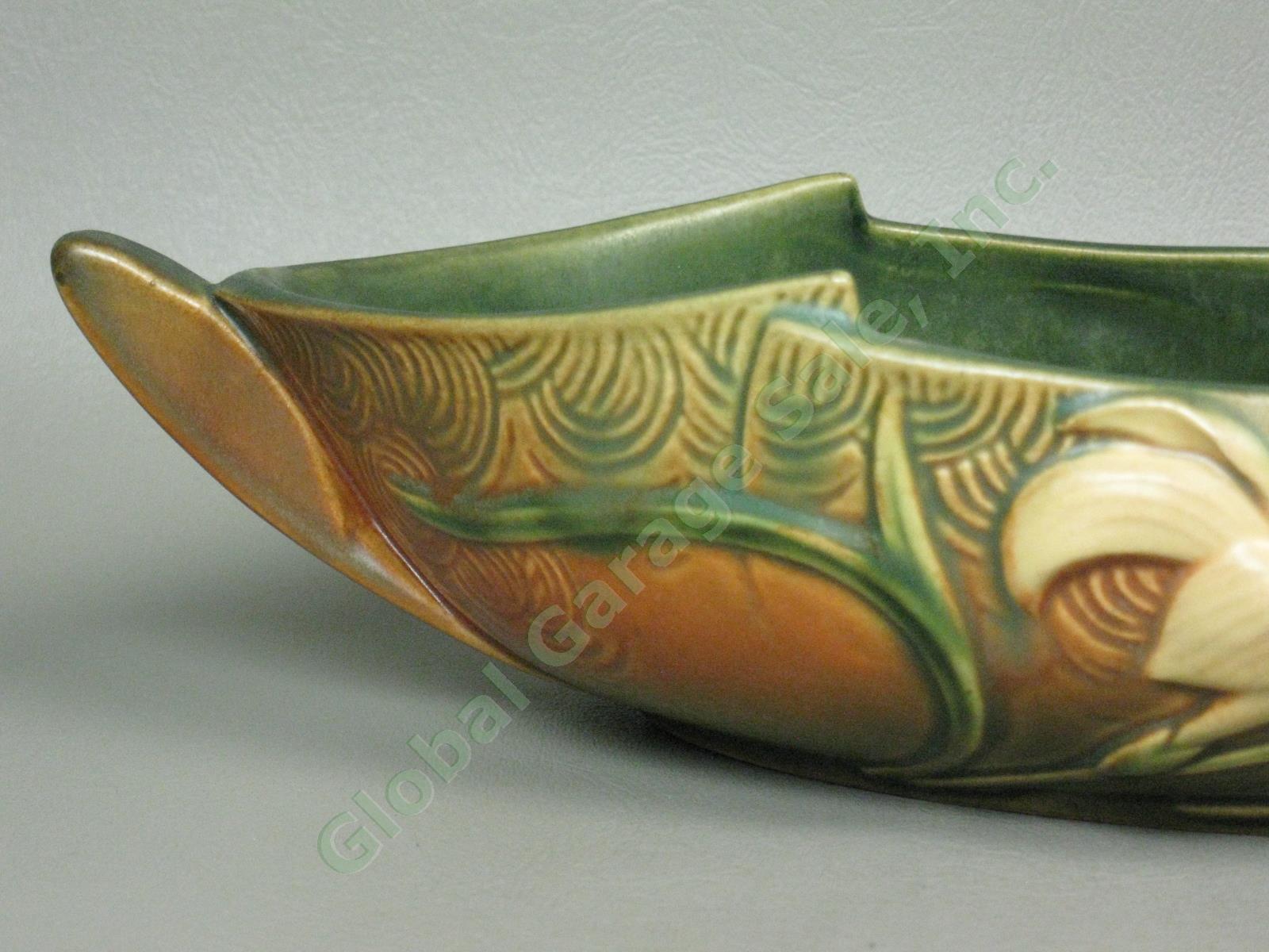 Vtg Roseville Pottery Zephyr Lily Console Center Bowl 478-12 Handles Brown Green 1