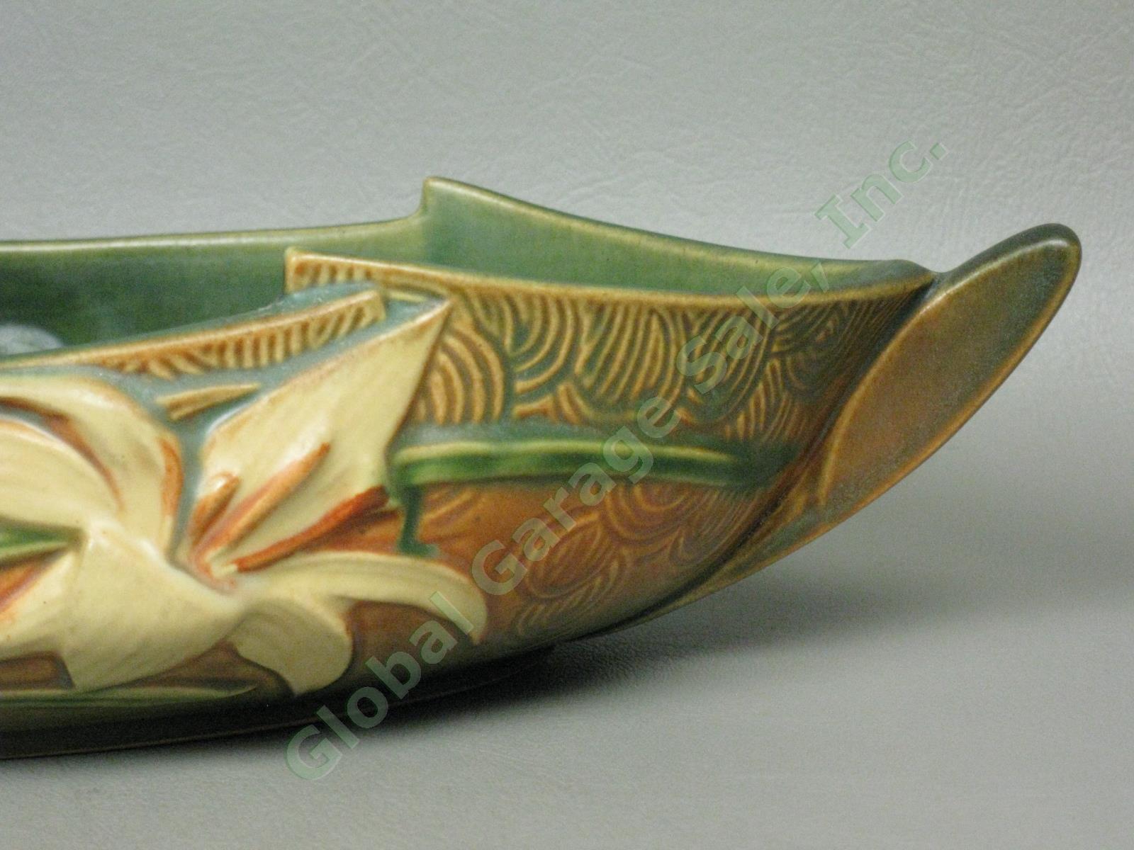 Vtg Roseville Pottery Zephyr Lily Console Center Bowl 478-12 Handles Brown Green 3