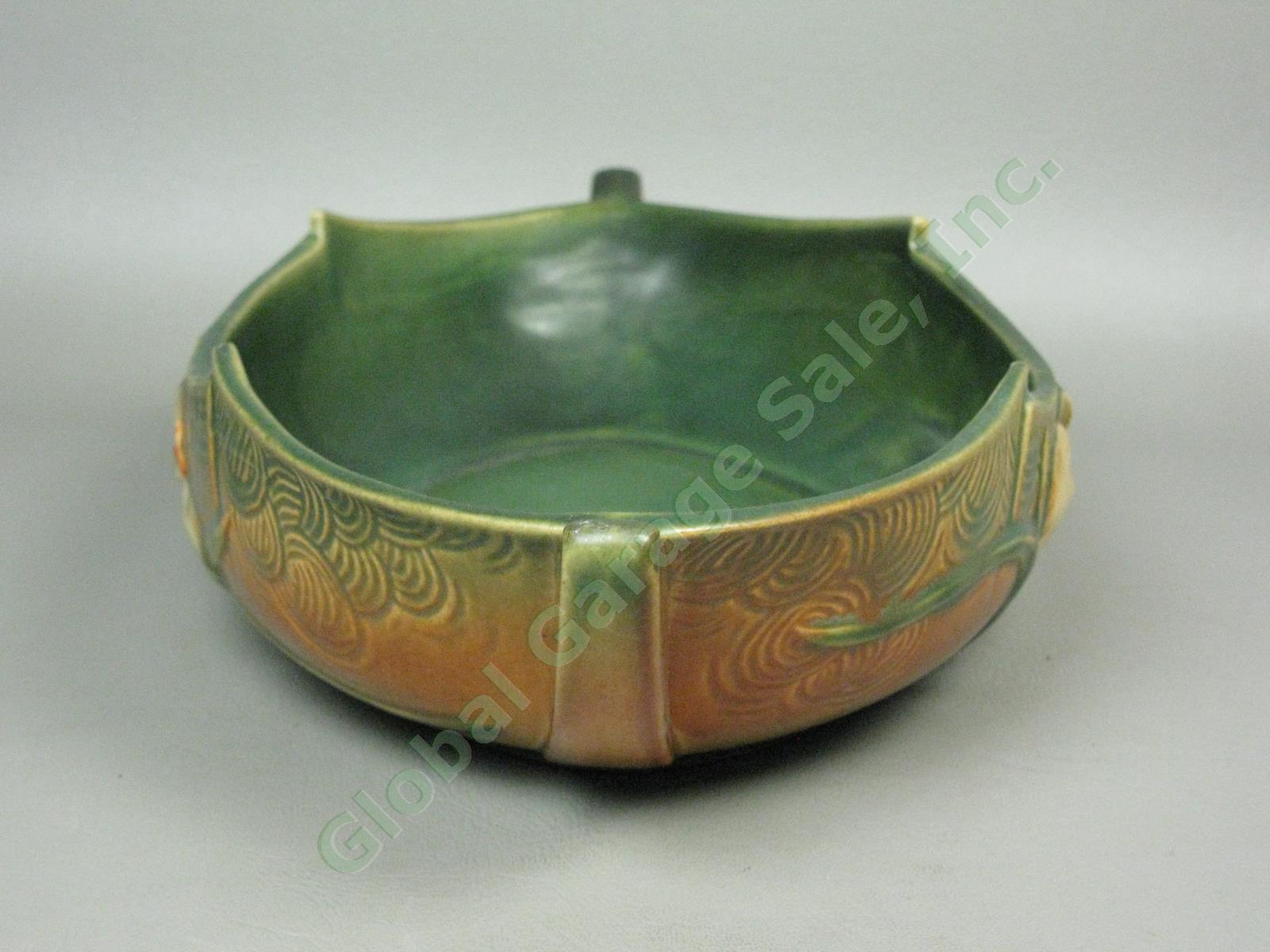 Vtg Roseville Pottery Zephyr Lily Console Center Bowl 478-12 Handles Brown Green 4