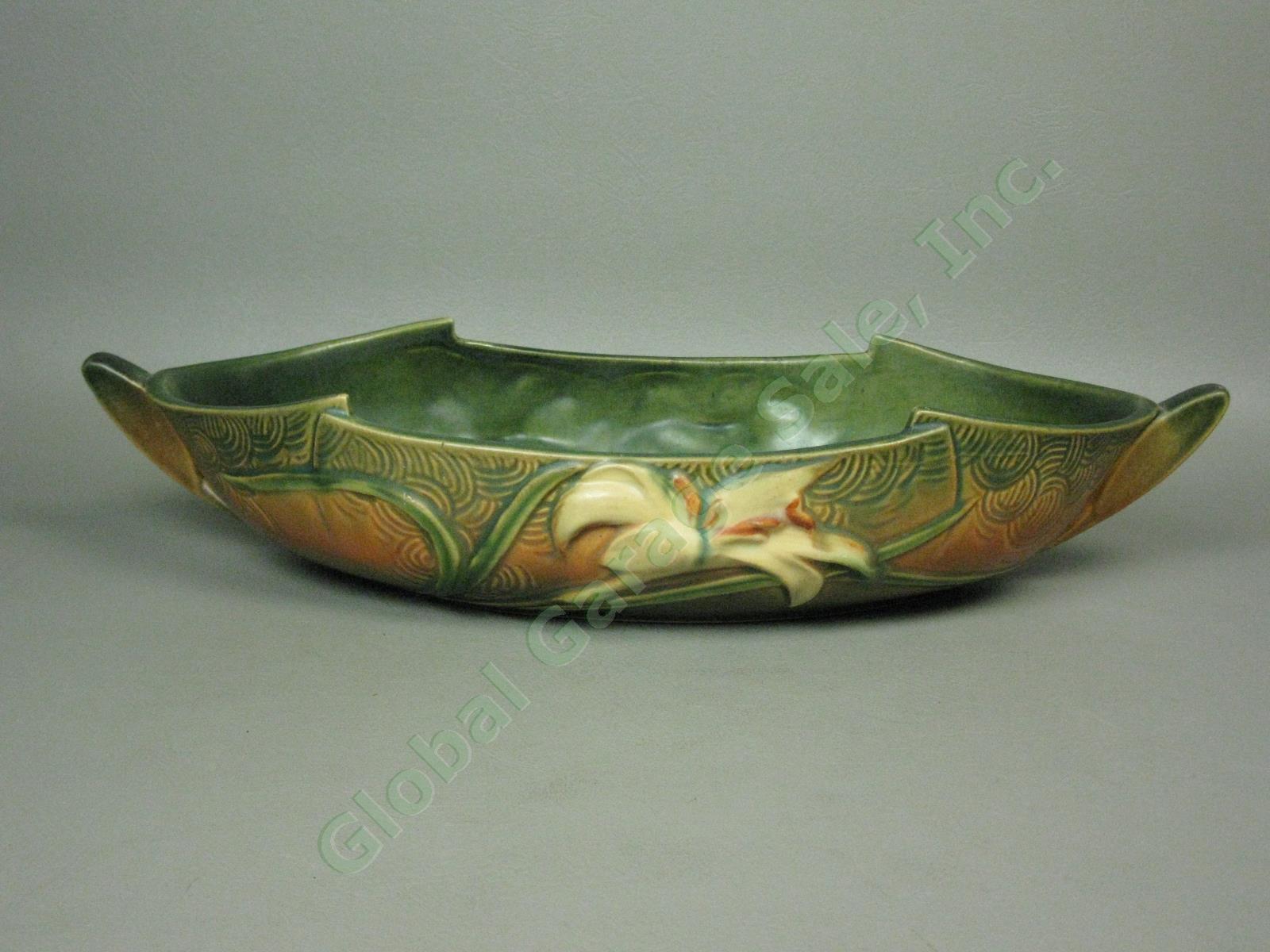 Vtg Roseville Pottery Zephyr Lily Console Center Bowl 478-12 Handles Brown Green 5