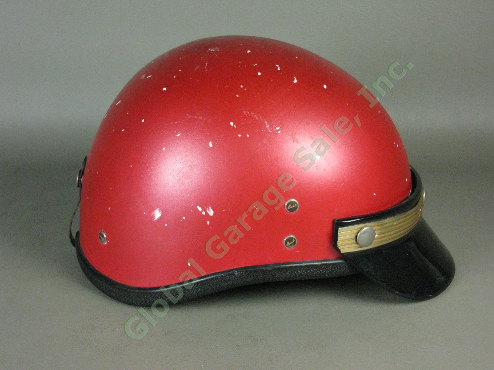 Vtg Red Buco Motorcycle Half Helmet w/Liner + Green Visor Adjustable Sz 6 1/2-8