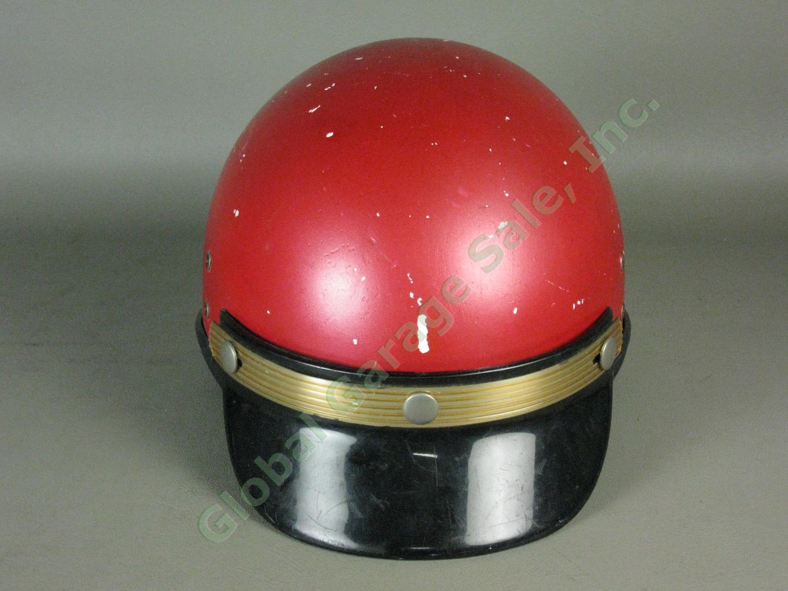 Vtg Red Buco Motorcycle Half Helmet w/Liner + Green Visor Adjustable Sz 6 1/2-8 1