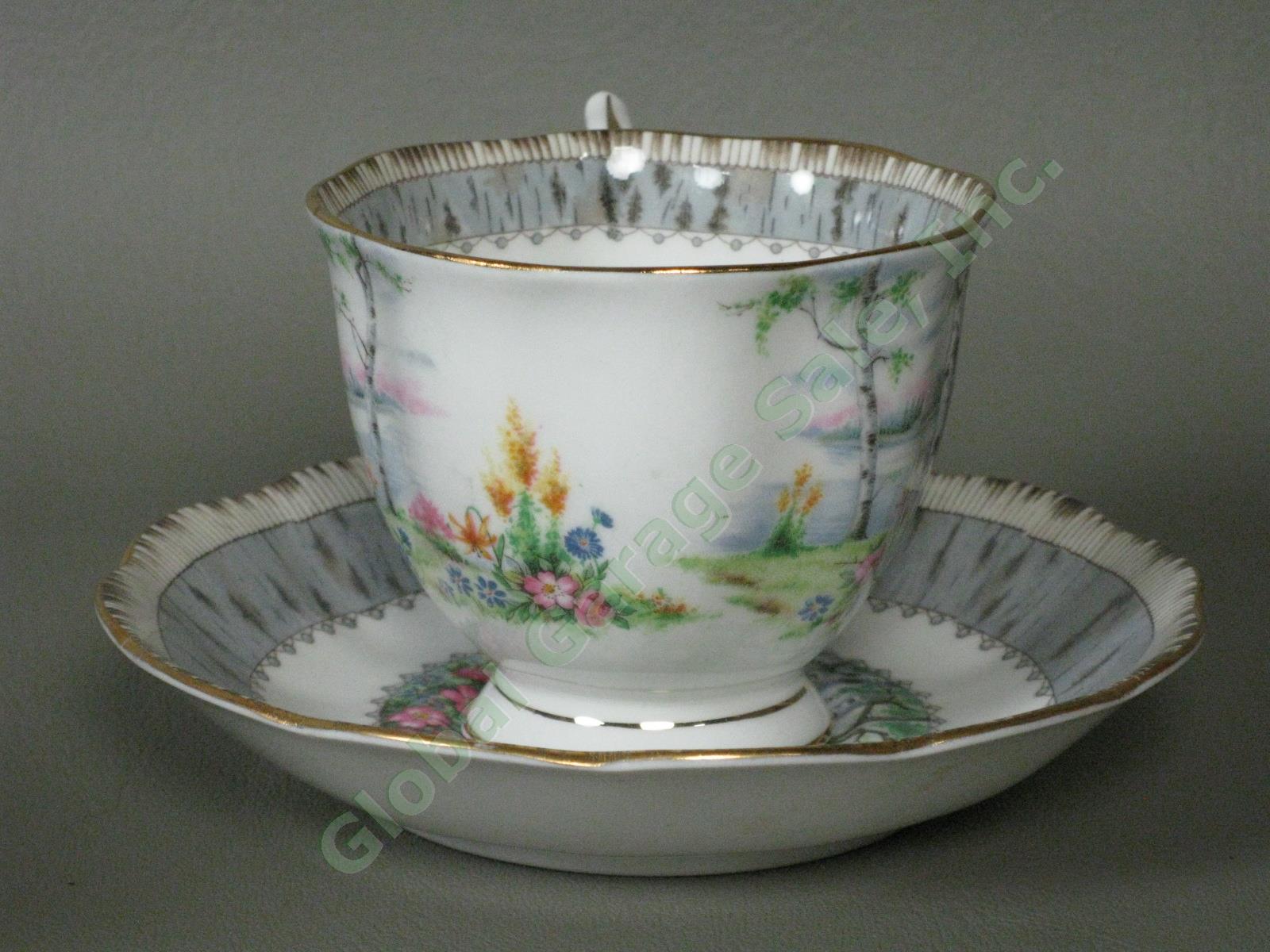8 Vintage Royal Albert Silver Birch Bone China Teacups Tea Cups + Saucers Set NR 2