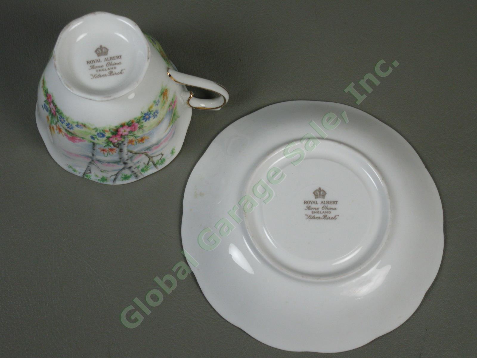 8 Vintage Royal Albert Silver Birch Bone China Teacups Tea Cups + Saucers Set NR 7