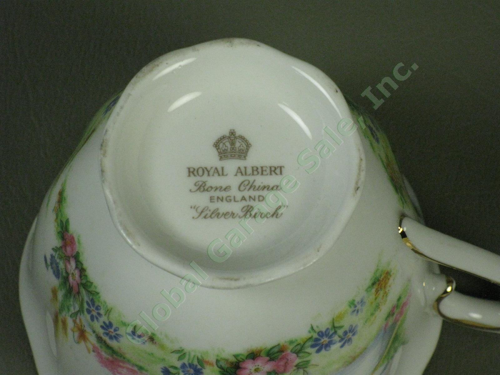 8 Vintage Royal Albert Silver Birch Bone China Teacups Tea Cups + Saucers Set NR 8