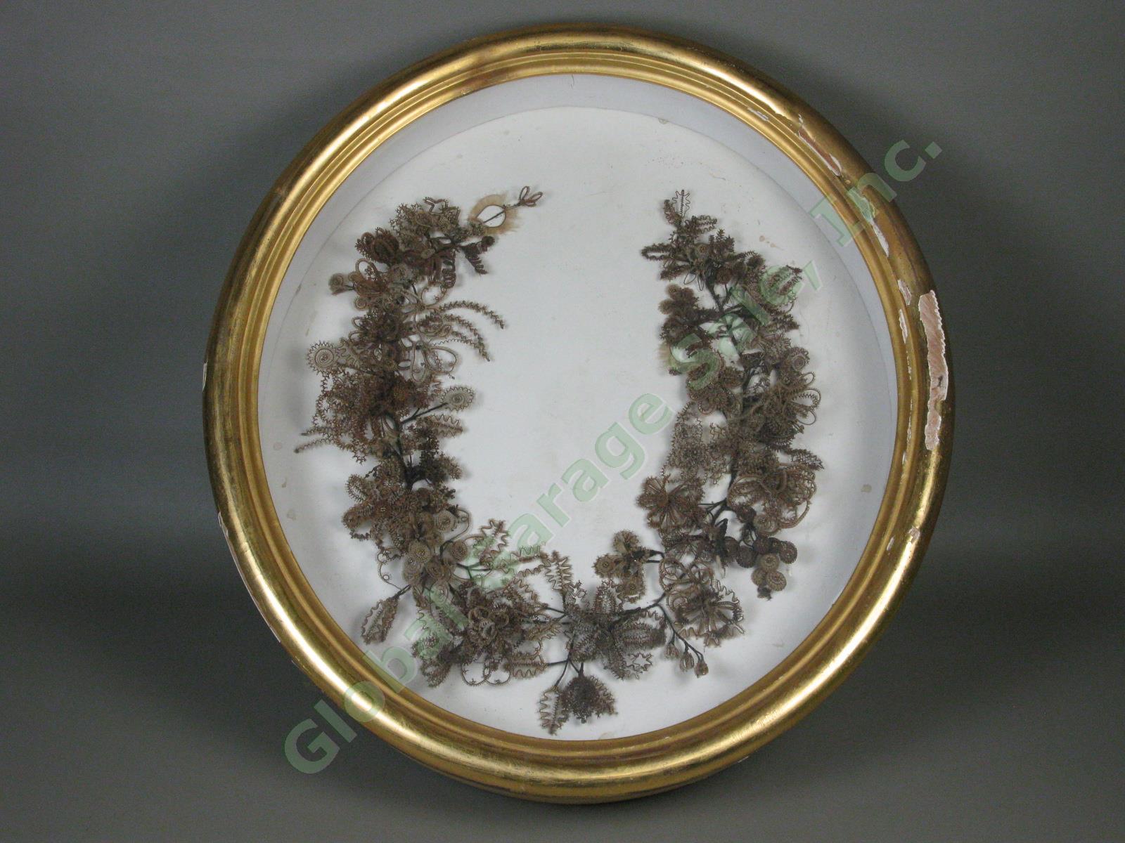 Antique Victorian Mourning Wreath Human Hair Flowers Gilt Shadow Box 21"x23" NR!