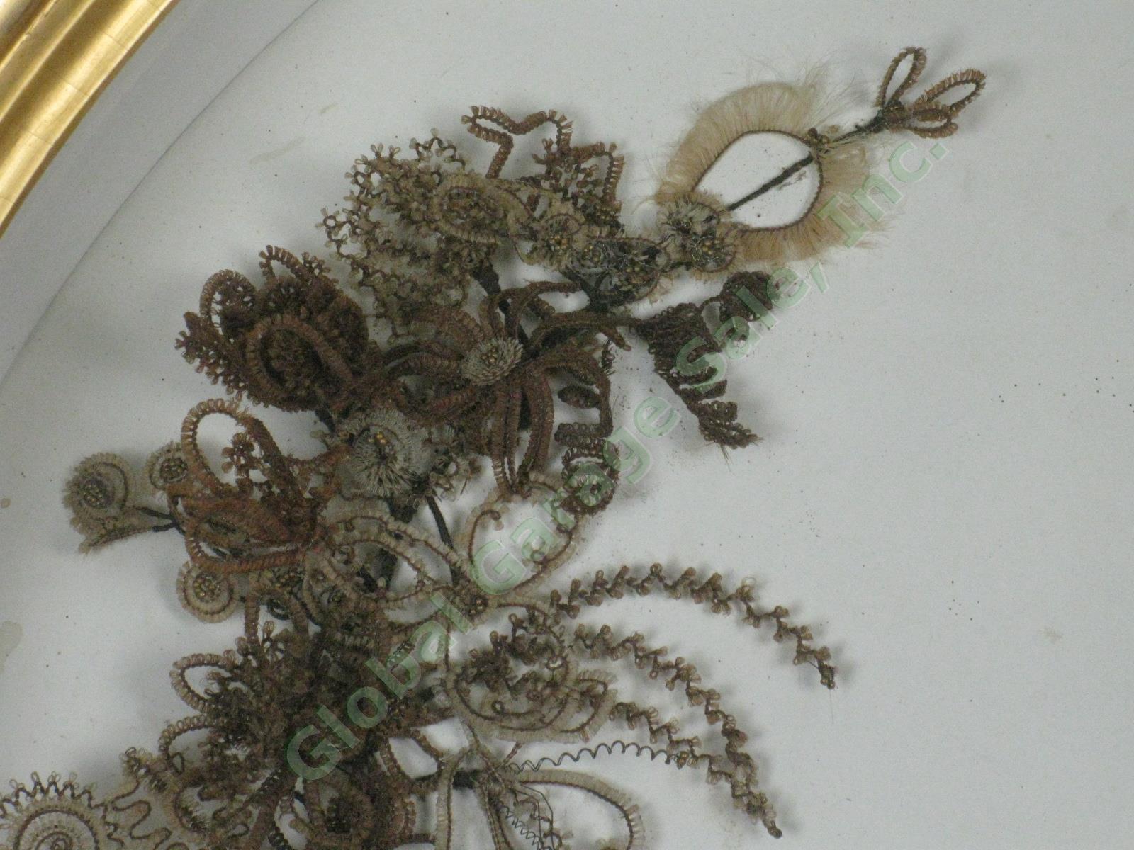 Antique Victorian Mourning Wreath Human Hair Flowers Gilt Shadow Box 21"x23" NR! 1
