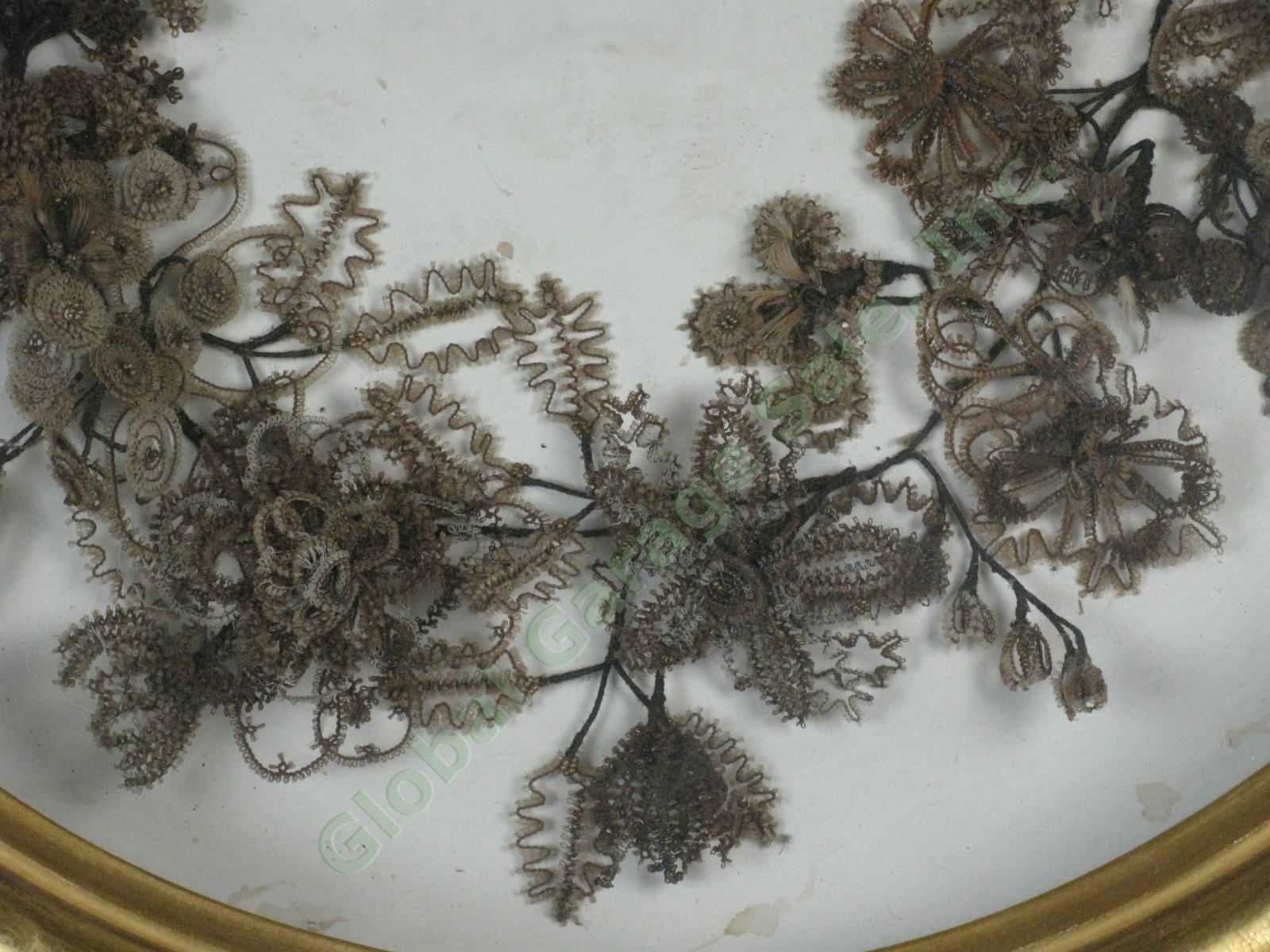 Antique Victorian Mourning Wreath Human Hair Flowers Gilt Shadow Box 21"x23" NR! 3