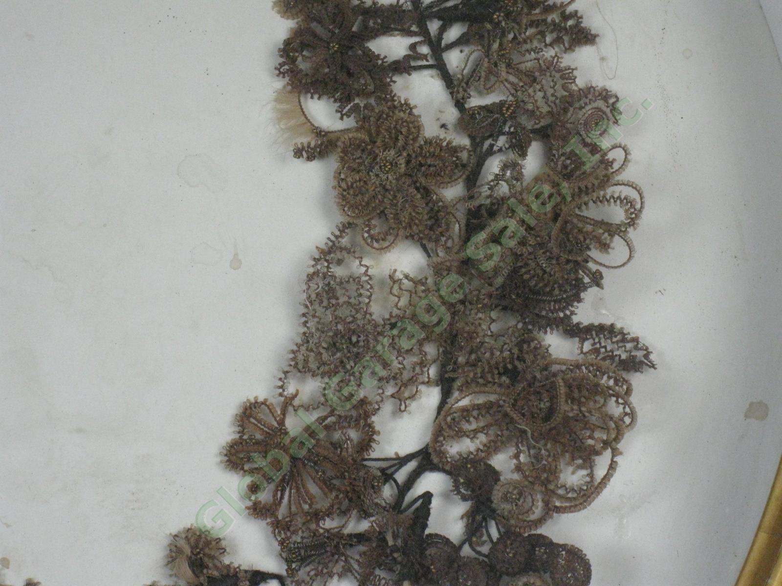 Antique Victorian Mourning Wreath Human Hair Flowers Gilt Shadow Box 21"x23" NR! 4