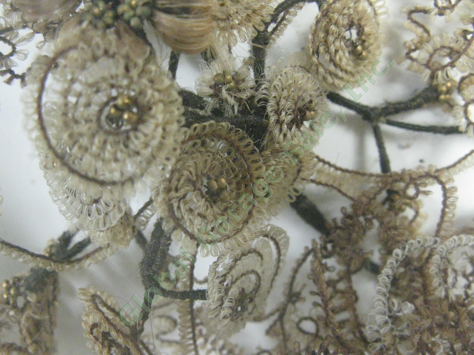 Antique Victorian Mourning Wreath Human Hair Flowers Gilt Shadow Box 21"x23" NR! 9