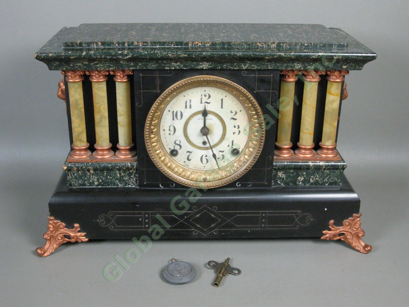 Antique Seth Thomas Green Adamantine 6-Column Mantle Clock 89C Bell Movement NR!
