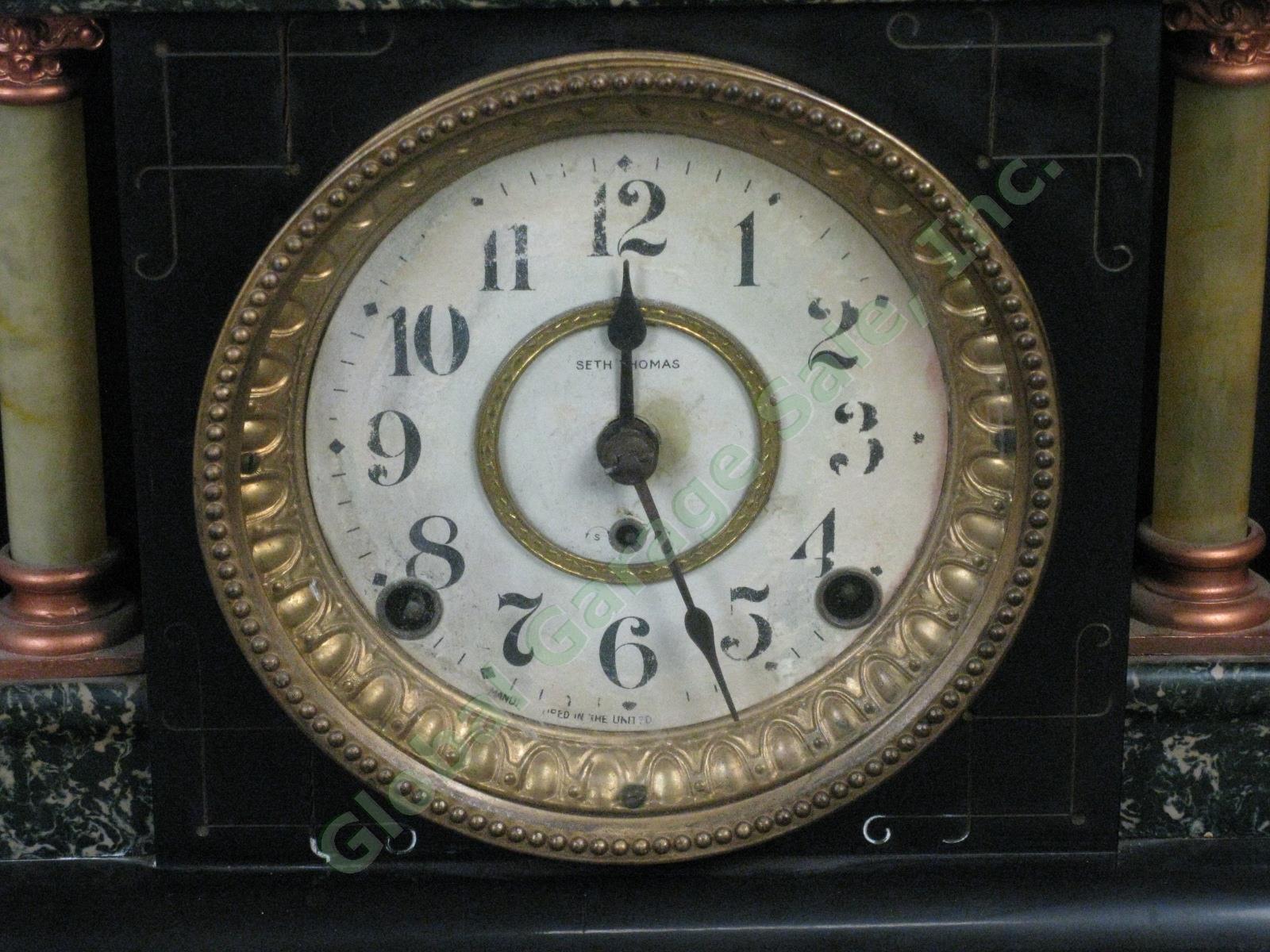 Antique Seth Thomas Green Adamantine 6-Column Mantle Clock 89C Bell Movement NR! 1